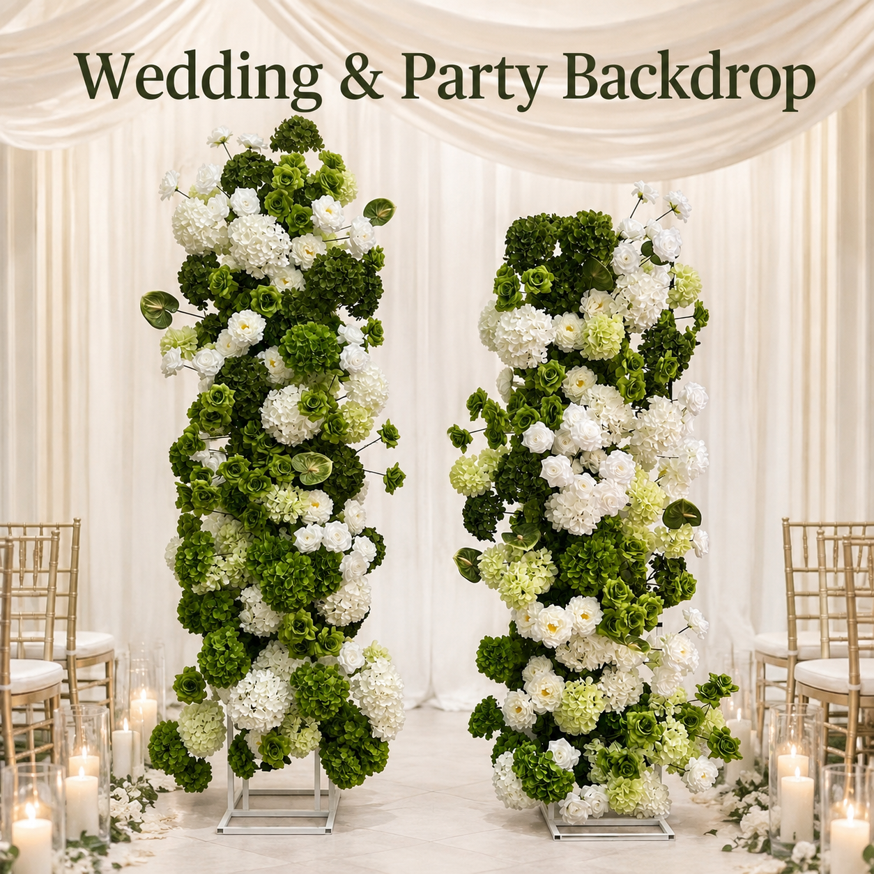 Green White 2-Piece Artificial Flower Columns for Wedding Backdrop Decor