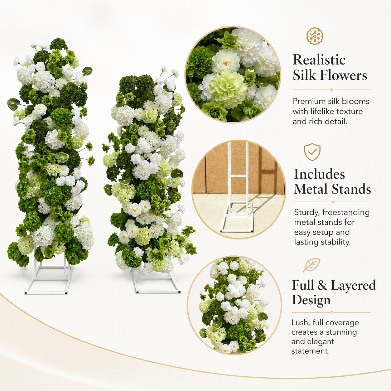 Green White 2-Piece Artificial Flower Columns for Wedding Backdrop Decor