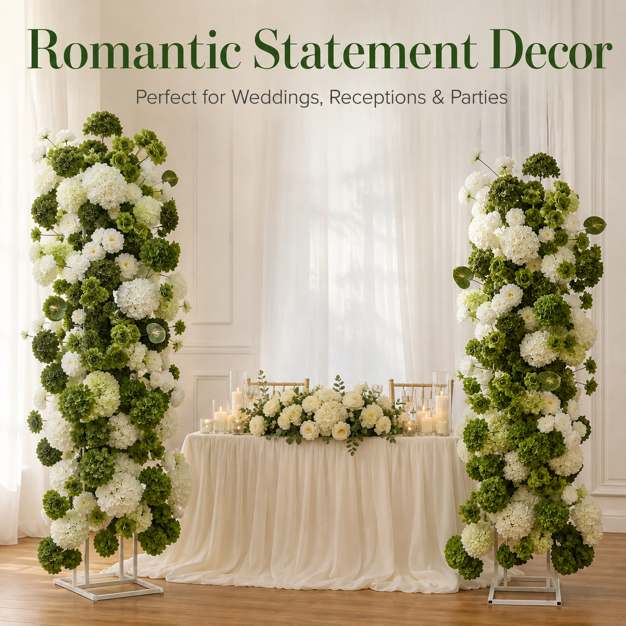 Green White 2-Piece Artificial Flower Columns for Wedding Backdrop Decor