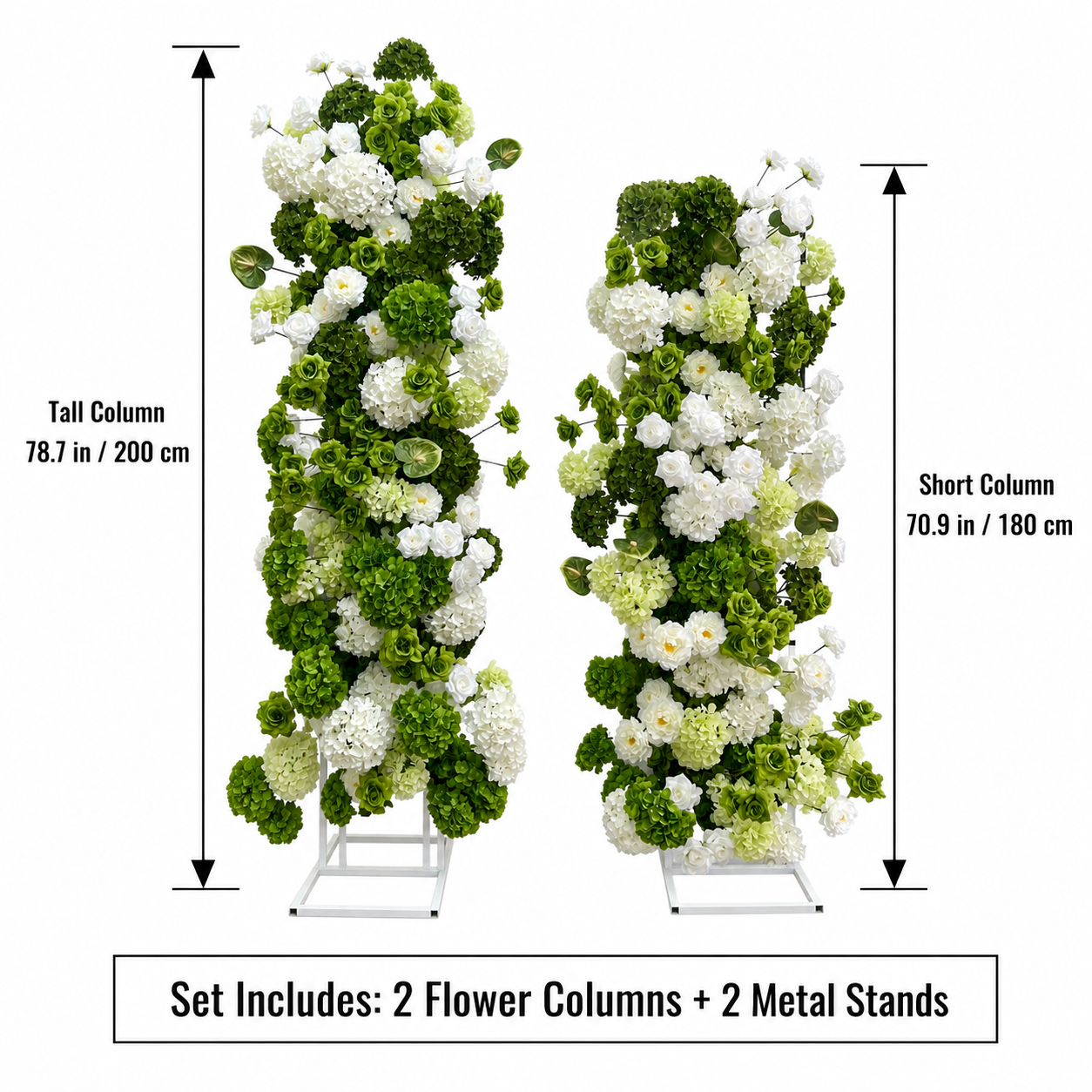 Green White 2-Piece Artificial Flower Columns for Wedding Backdrop Decor