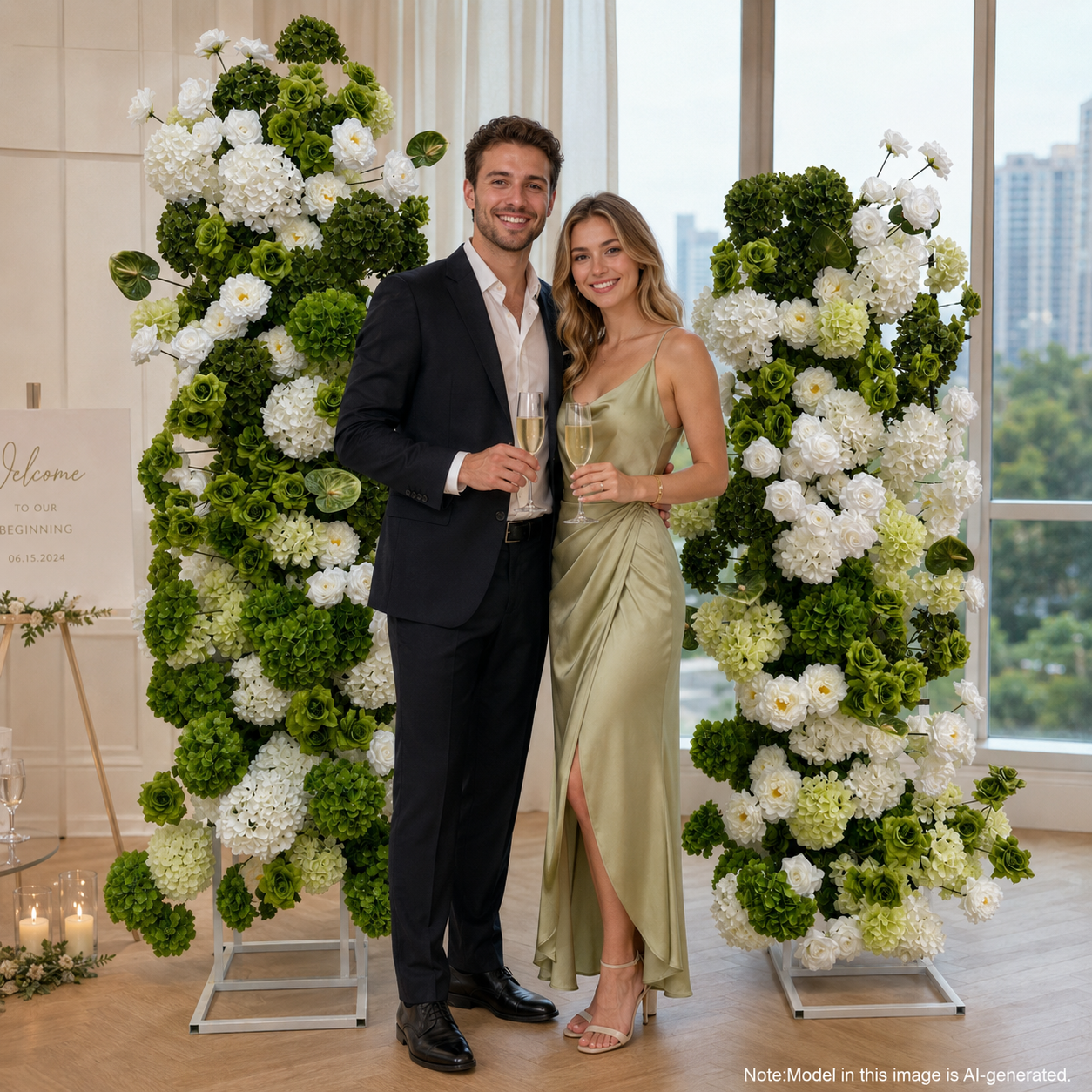 Green White 2-Piece Artificial Flower Columns for Wedding Backdrop Decor