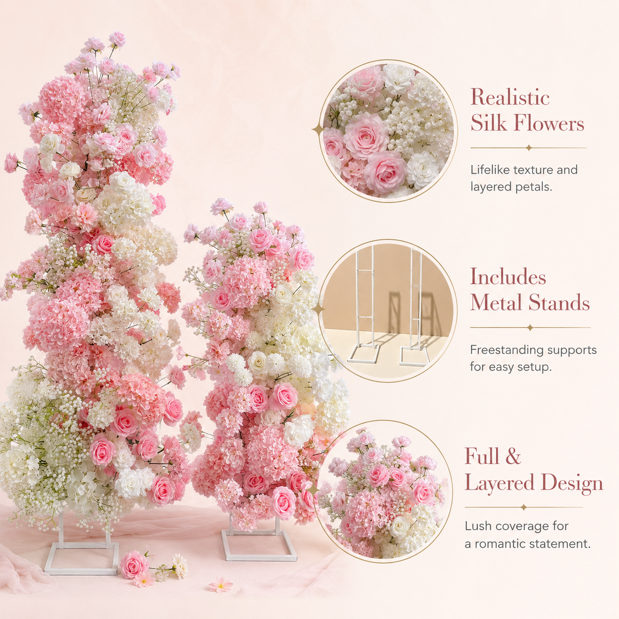 Blush Pink 2-Piece Artificial Flower Columns for Wedding Backdrop Decor
