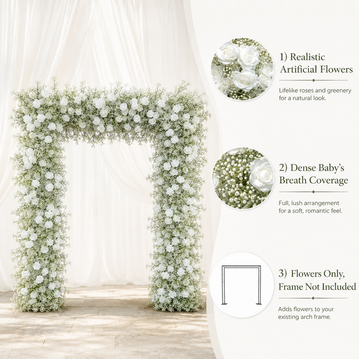 8x8 Ft Wedding Arch Flowers, White Rose & Baby’s Breath, Flowers Only