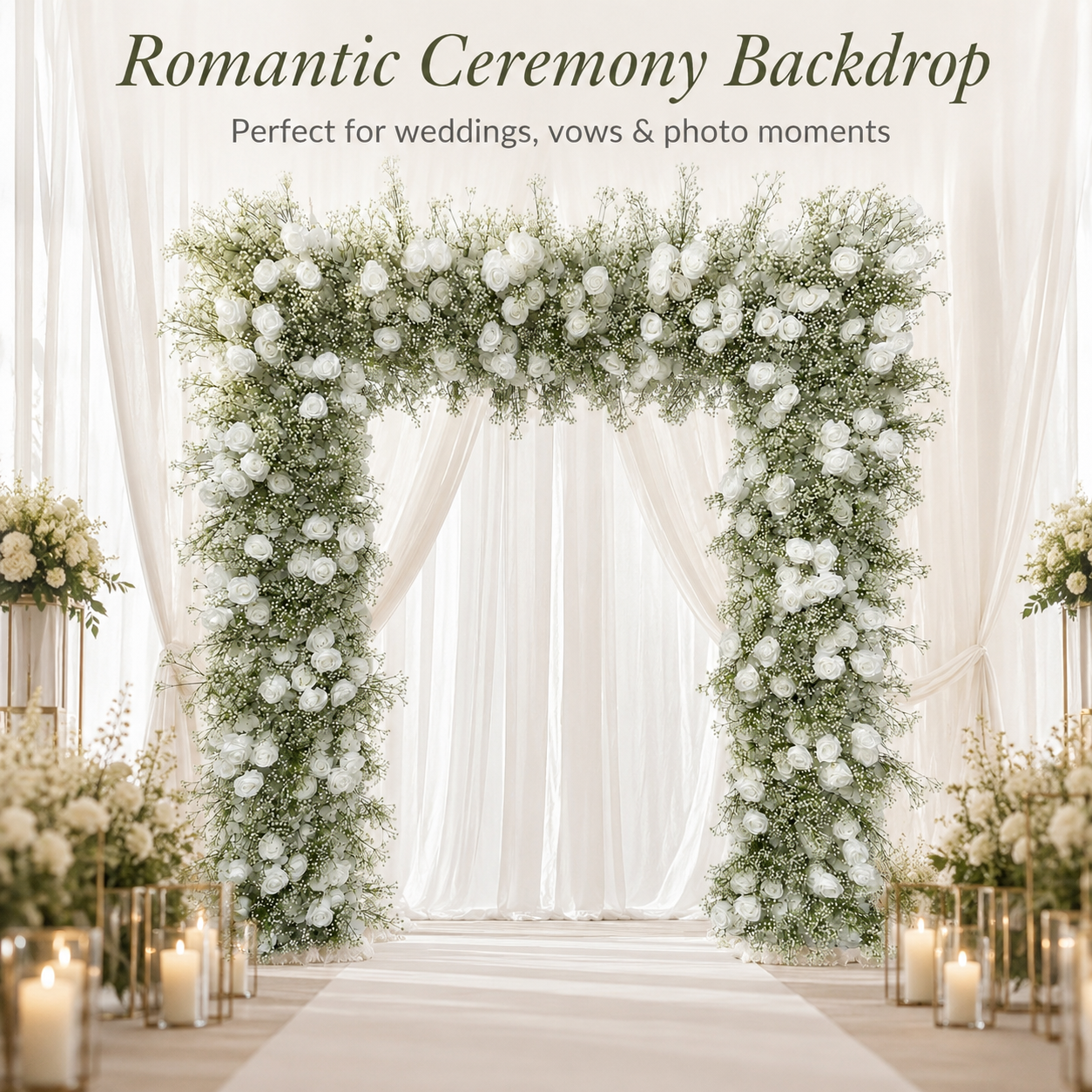 8x8 Ft Wedding Arch Flowers, White Rose & Baby’s Breath, Flowers Only