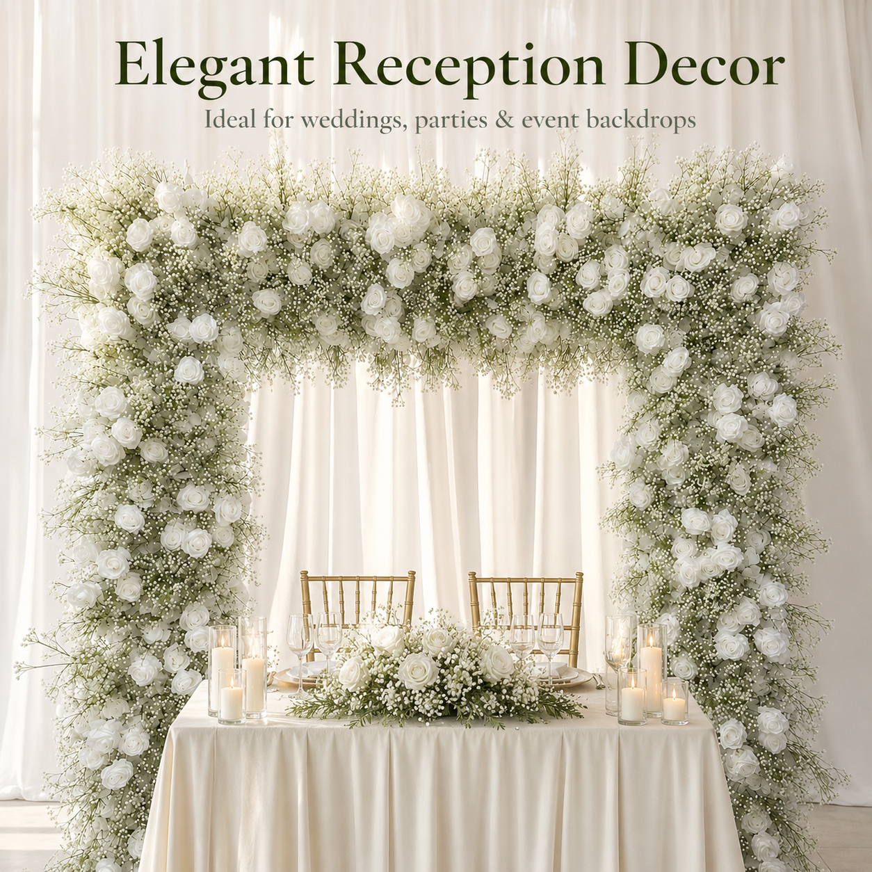 8x8 Ft Wedding Arch Flowers, White Rose & Baby’s Breath, Flowers Only