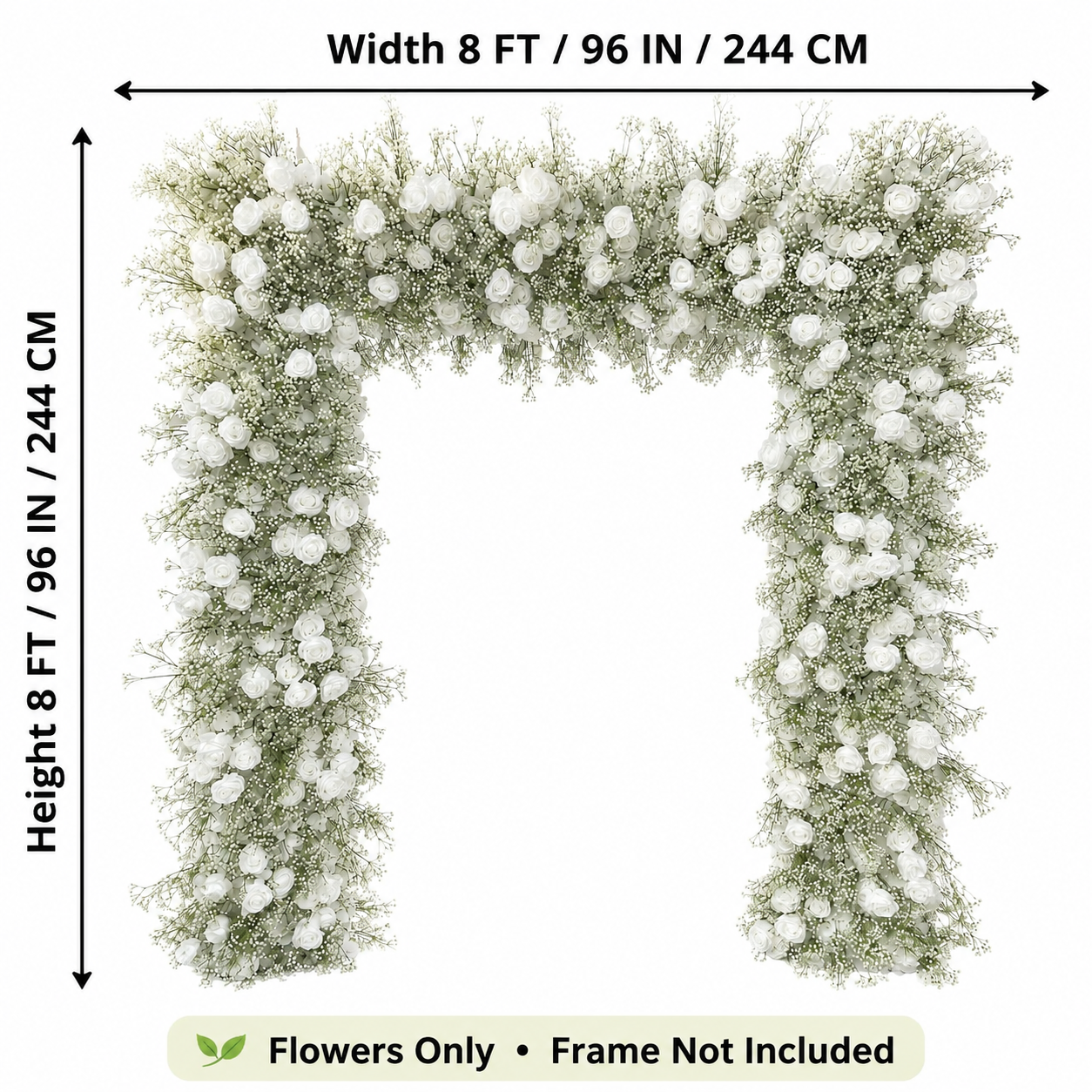 8x8 Ft Wedding Arch Flowers, White Rose & Baby’s Breath, Flowers Only