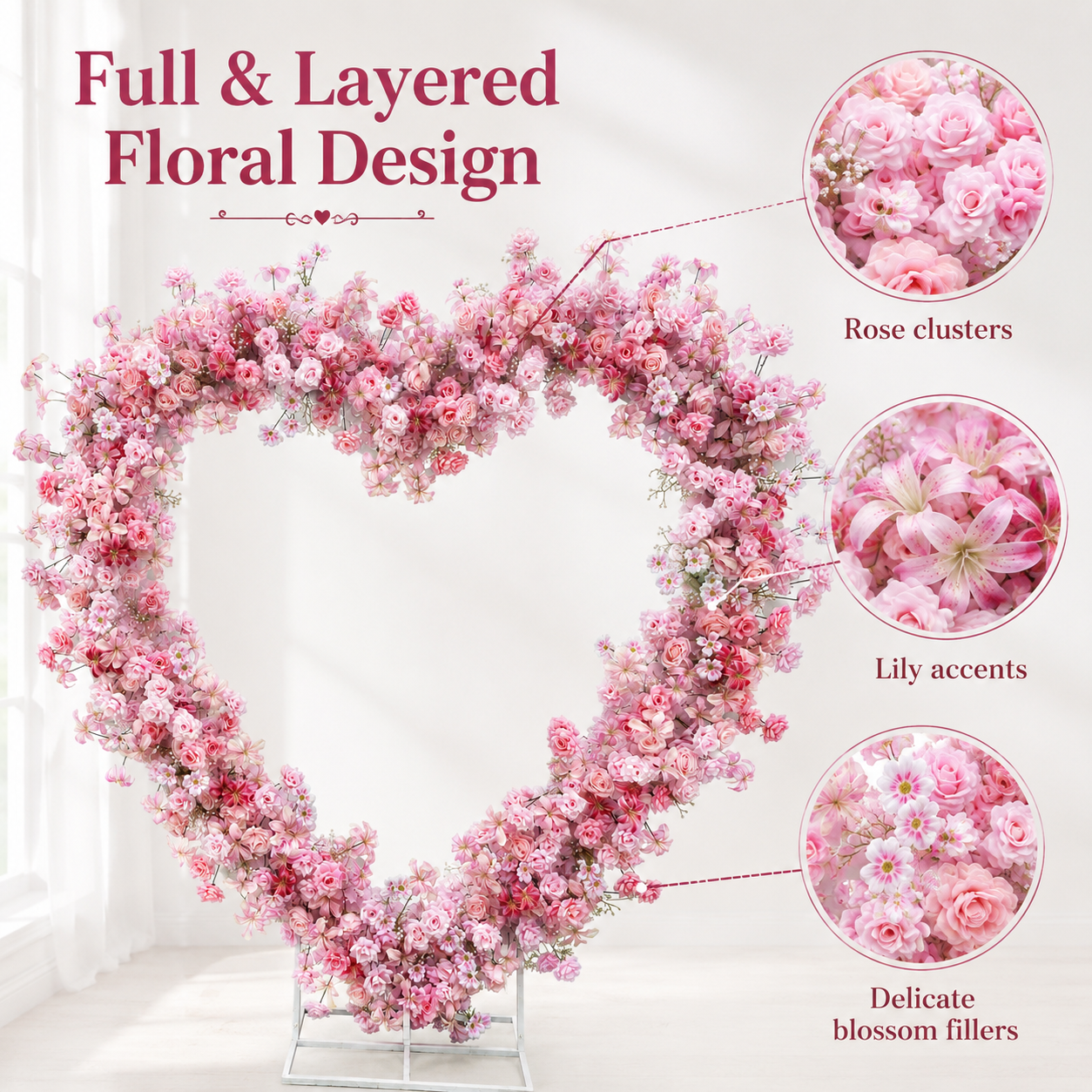 2m Artificial Flower Heart Arch with Stand, Pink Wedding Backdrop