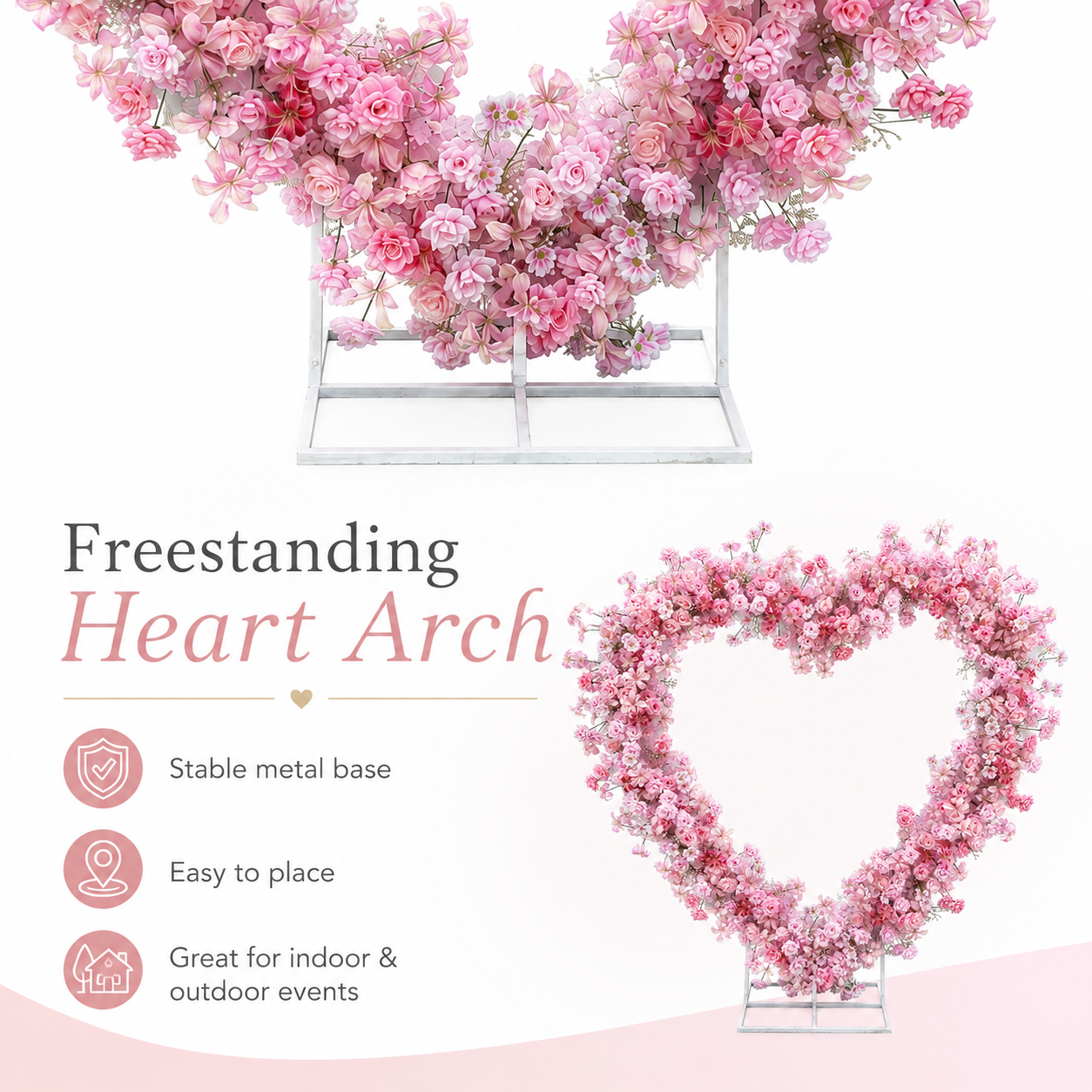 2m Artificial Flower Heart Arch with Stand, Pink Wedding Backdrop