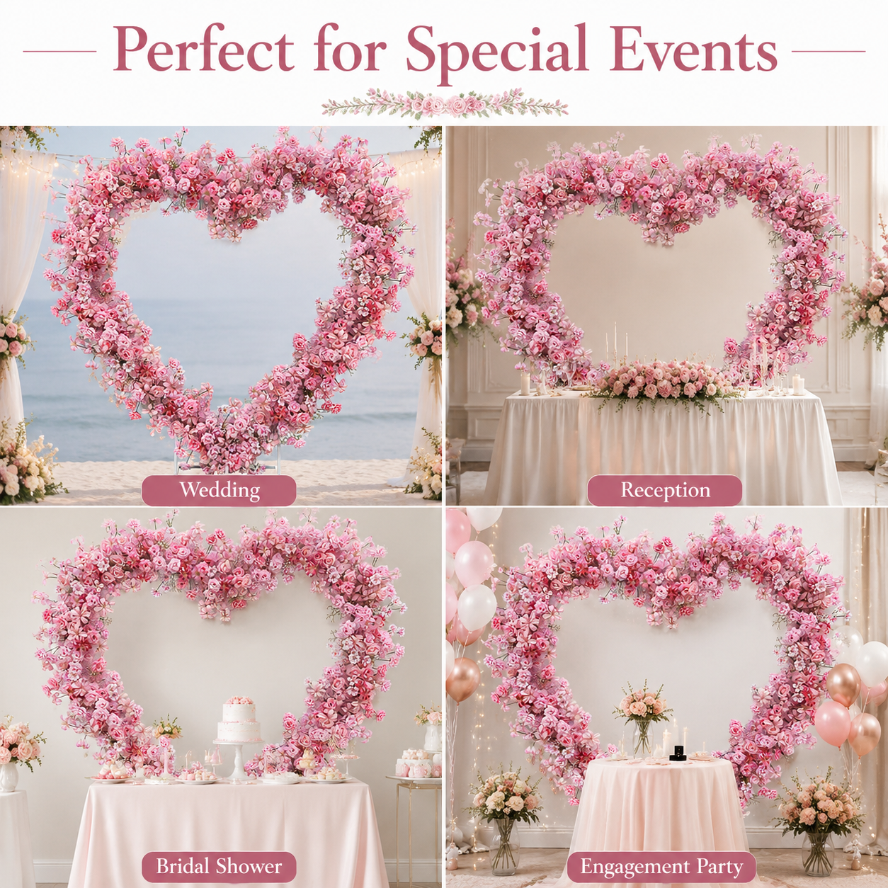 2m Artificial Flower Heart Arch with Stand, Pink Wedding Backdrop