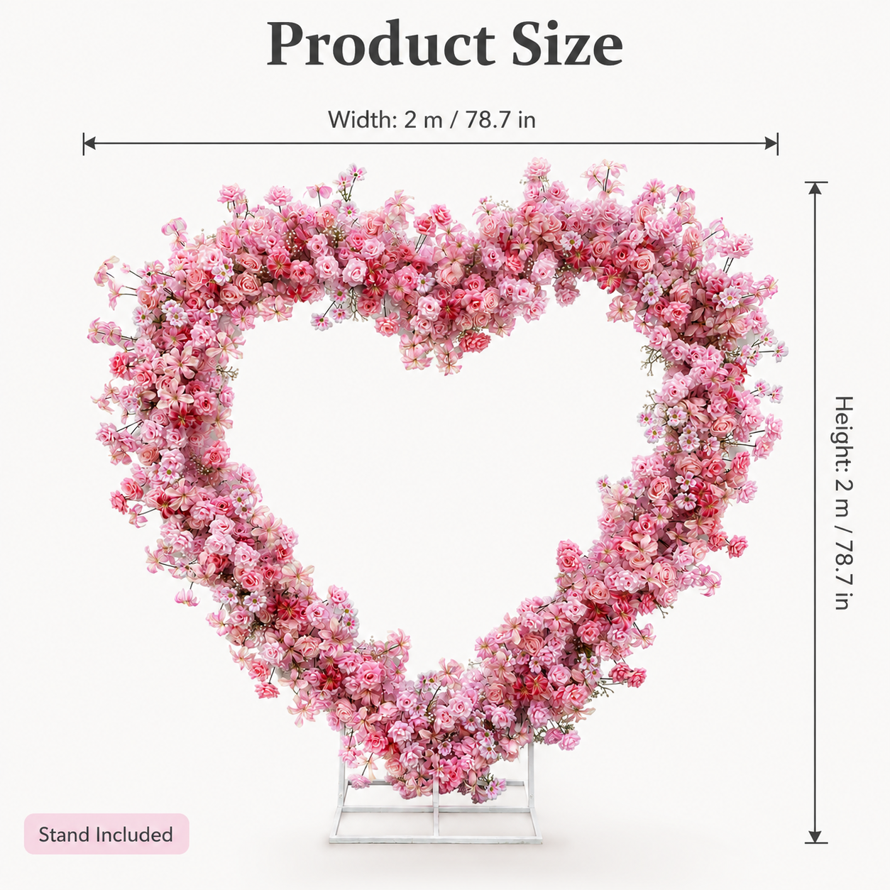2m Artificial Flower Heart Arch with Stand, Pink Wedding Backdrop