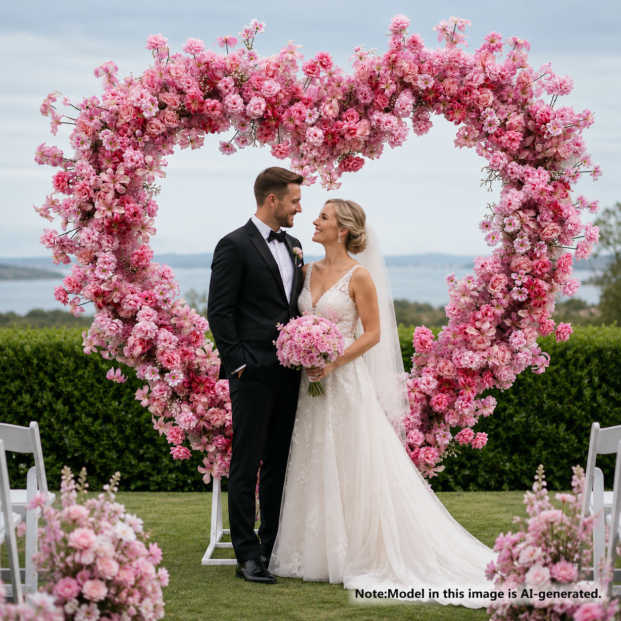 2m Artificial Flower Heart Arch with Stand, Pink Wedding Backdrop