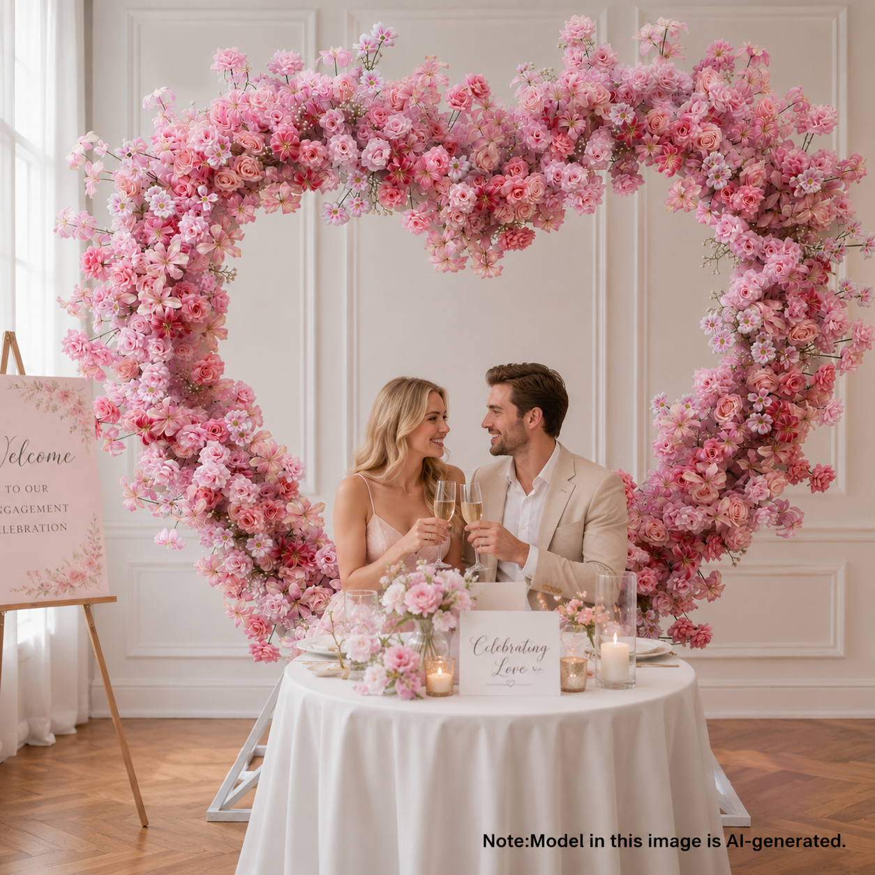 2m Artificial Flower Heart Arch with Stand, Pink Wedding Backdrop