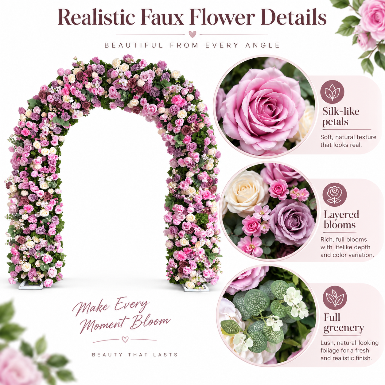 Artificial Flower Arch with Frame, 94.5in Wedding Floral Backdrop