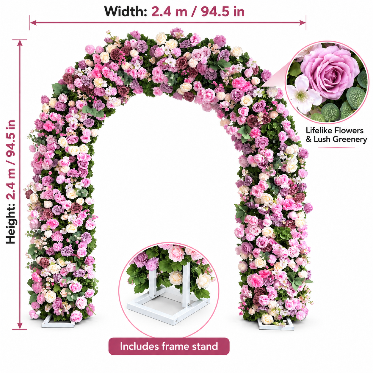 Artificial Flower Arch with Frame, 94.5in Wedding Floral Backdrop