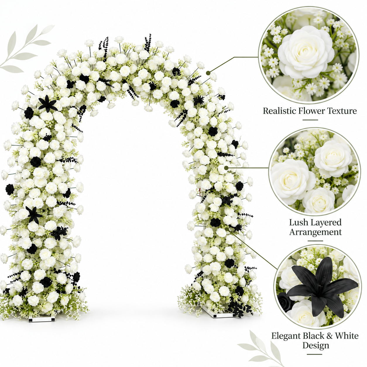 Large Black & White Artificial Flower Arch with Stand – 240 × 260 cm