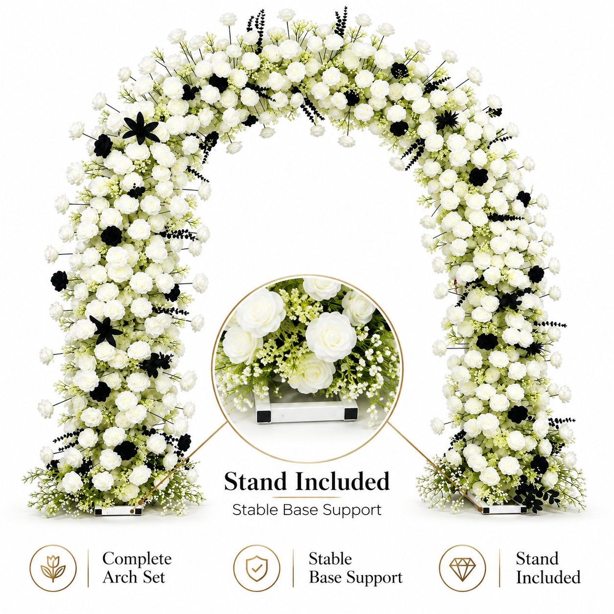 Large Black & White Artificial Flower Arch with Stand – 240 × 260 cm