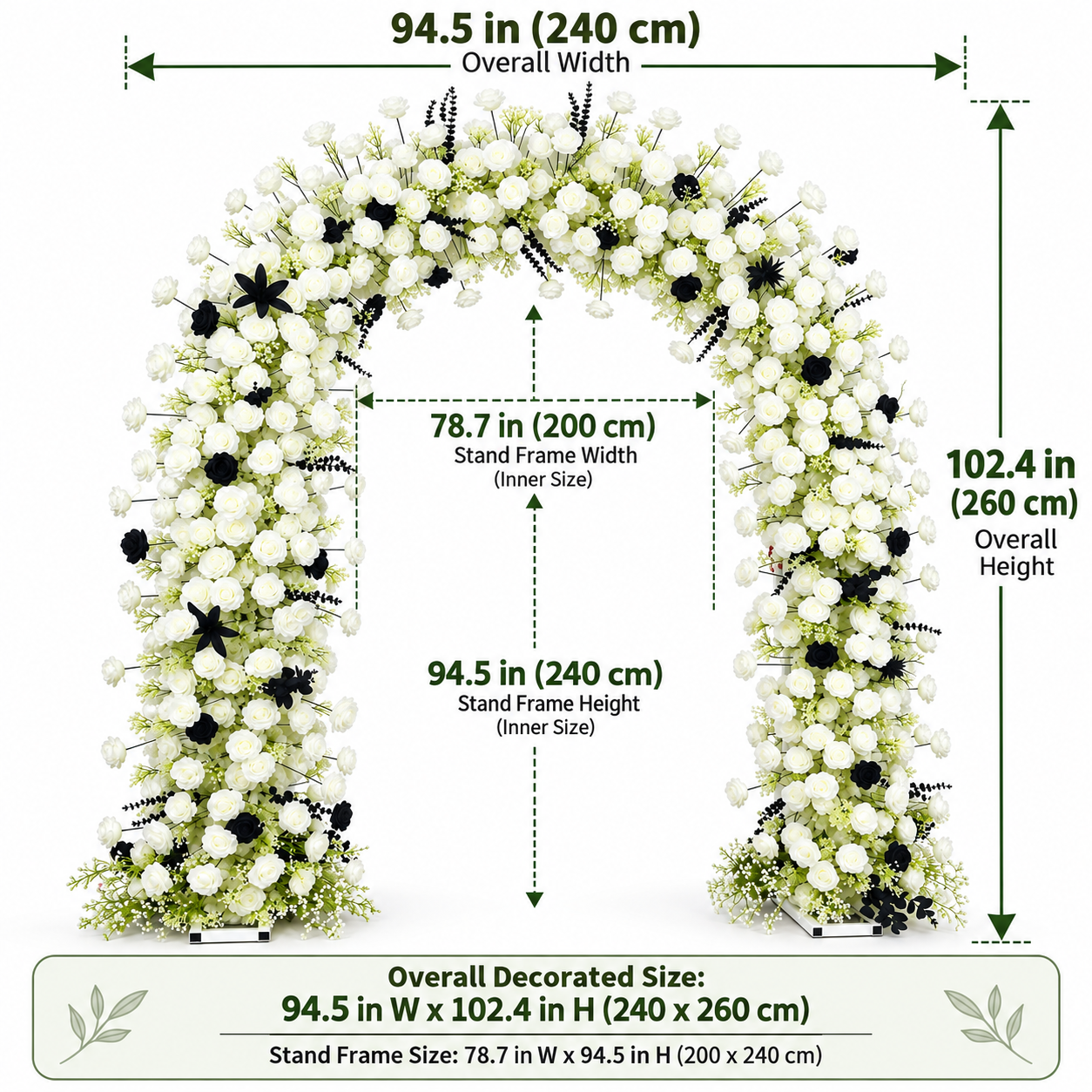 Large Black & White Artificial Flower Arch with Stand – 240 × 260 cm