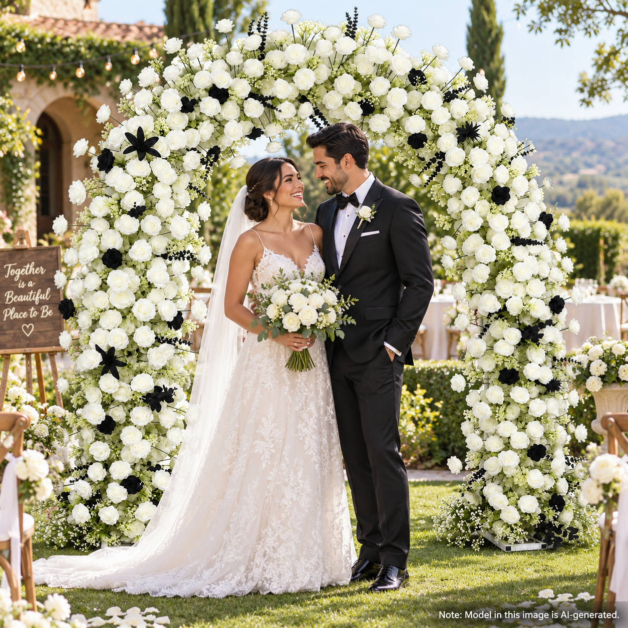 Large Black & White Artificial Flower Arch with Stand – 240 × 260 cm
