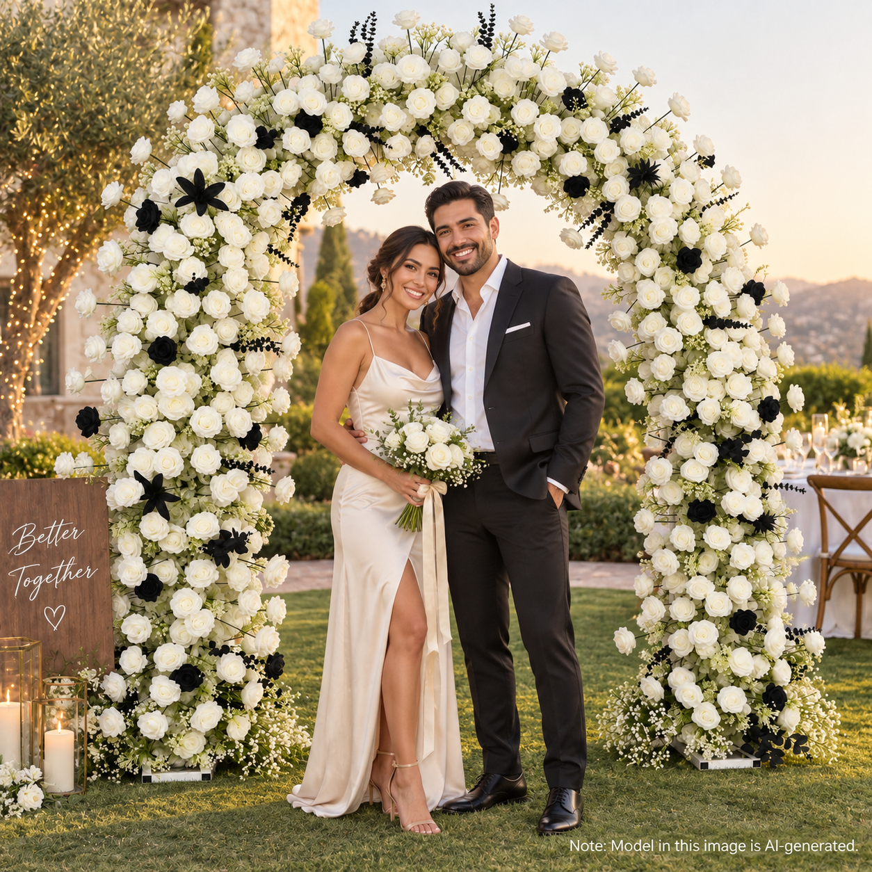 Large Black & White Artificial Flower Arch with Stand – 240 × 260 cm