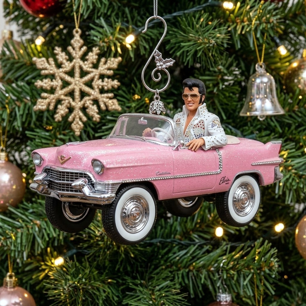 EP Pink Cadillac Rock ’n’ Roll Christmas Ornament: Drive into the Holidays with the King!
