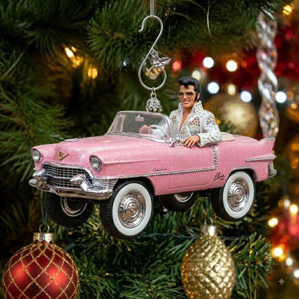 EP Pink Cadillac Rock ’n’ Roll Christmas Ornament: Drive into the Holidays with the King!
