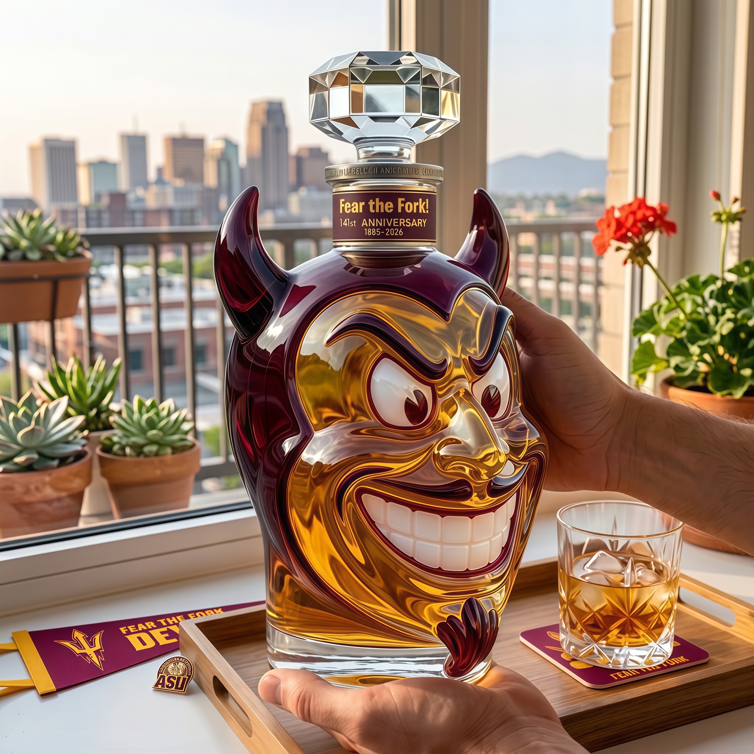 Fear the Fork! 141st Anniversary Sparky Sun Devil Whiskey Bottle