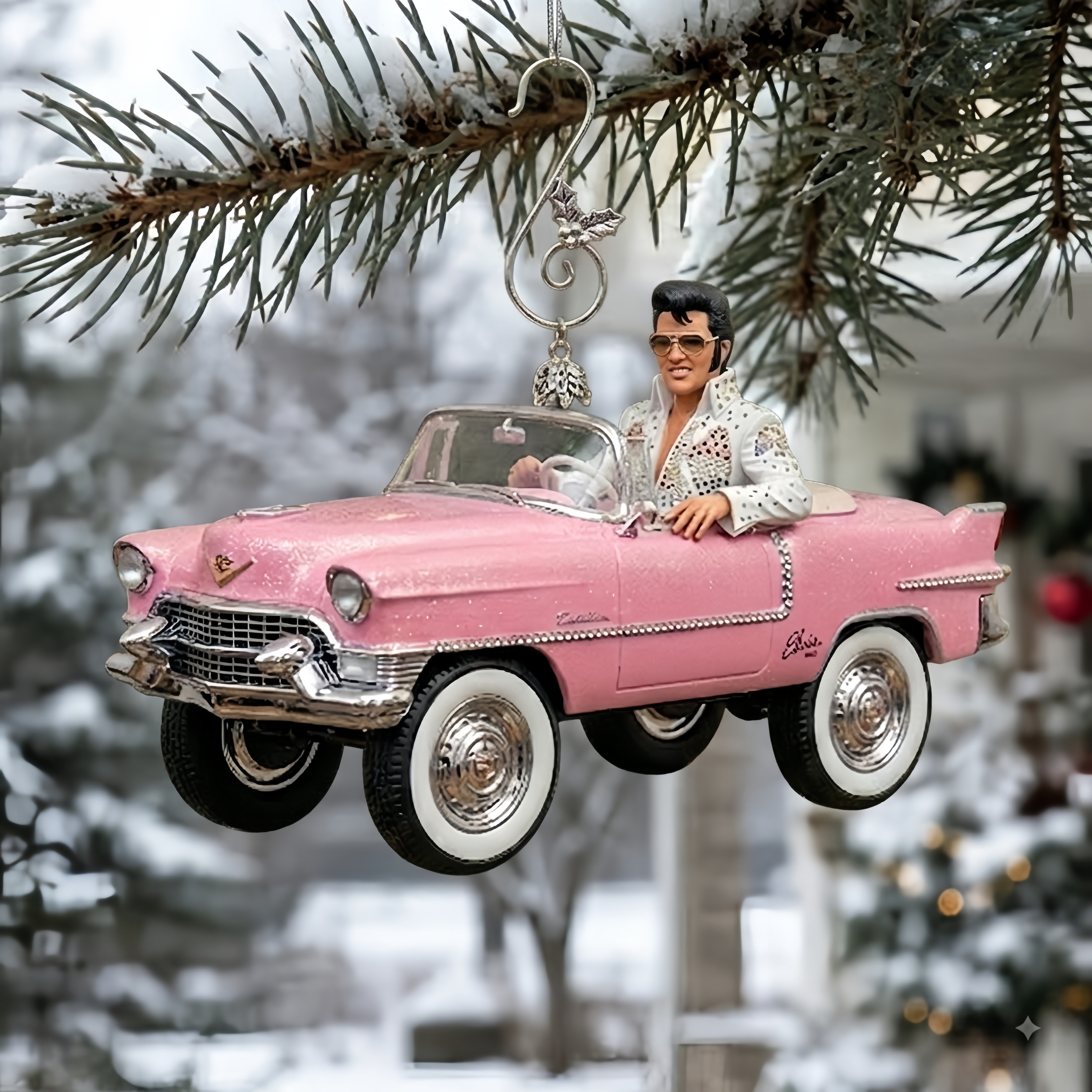 EP Pink Cadillac Rock ’n’ Roll Christmas Ornament: Drive into the Holidays with the King!