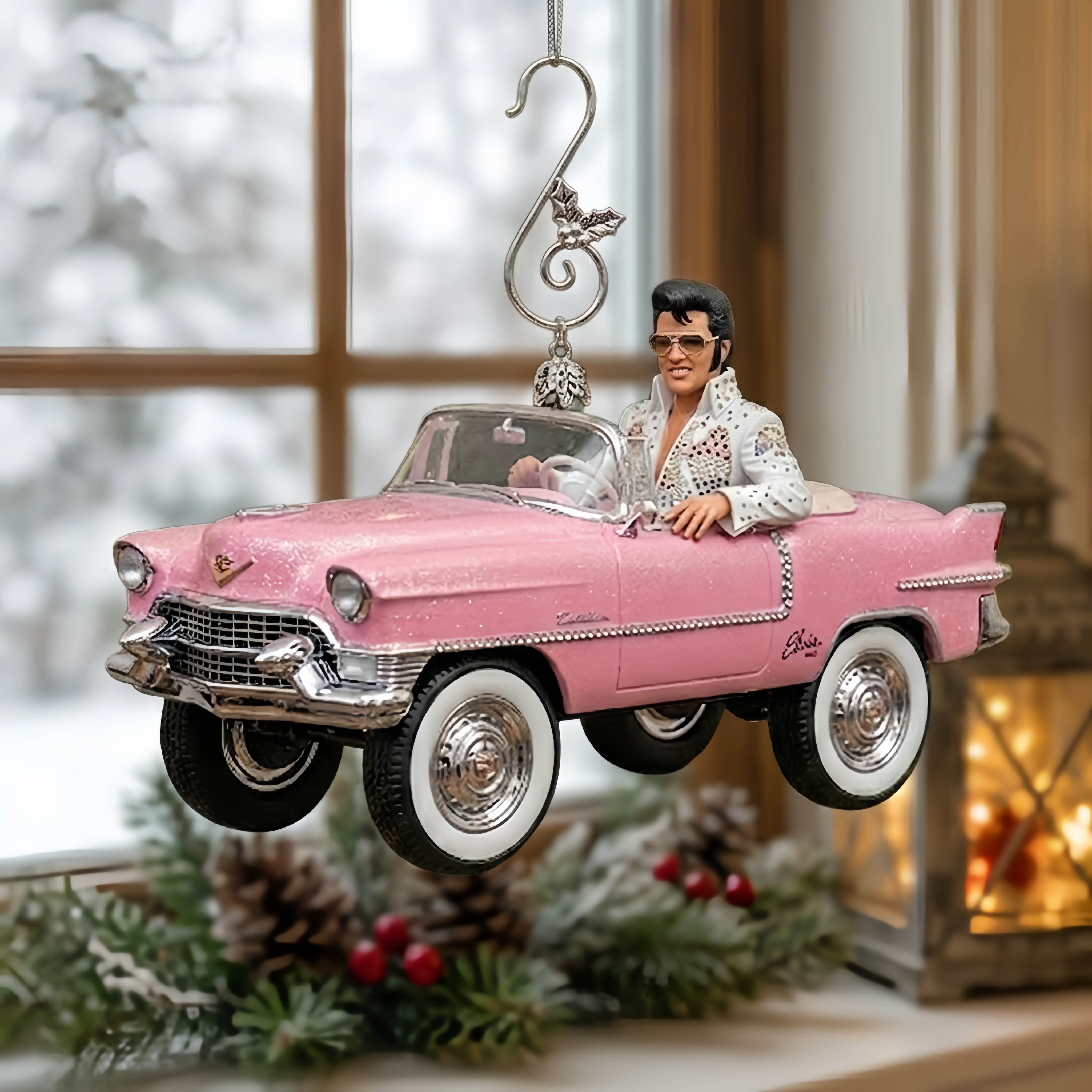 EP Pink Cadillac Rock ’n’ Roll Christmas Ornament: Drive into the Holidays with the King!