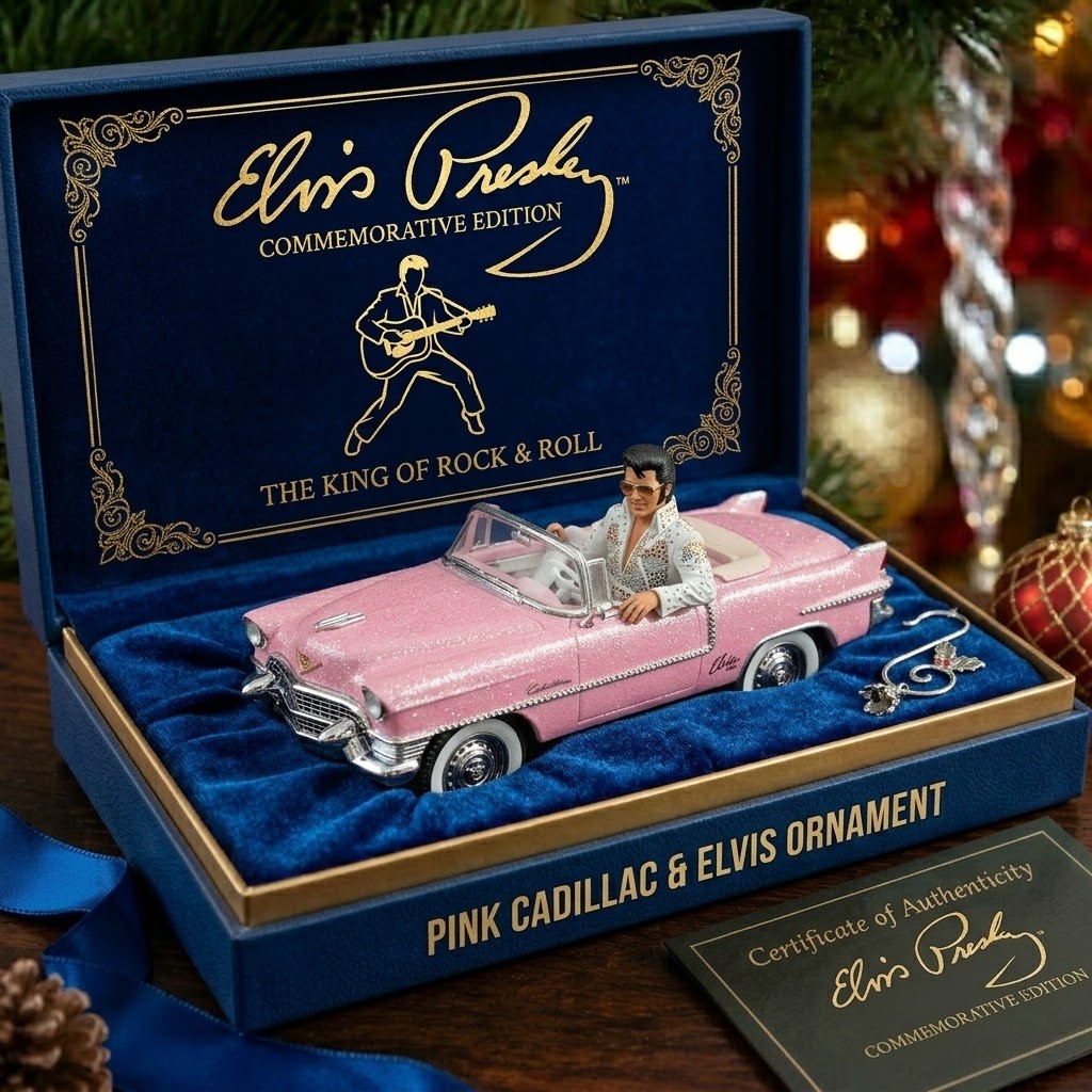 EP Pink Cadillac Rock ’n’ Roll Christmas Ornament: Drive into the Holidays with the King!