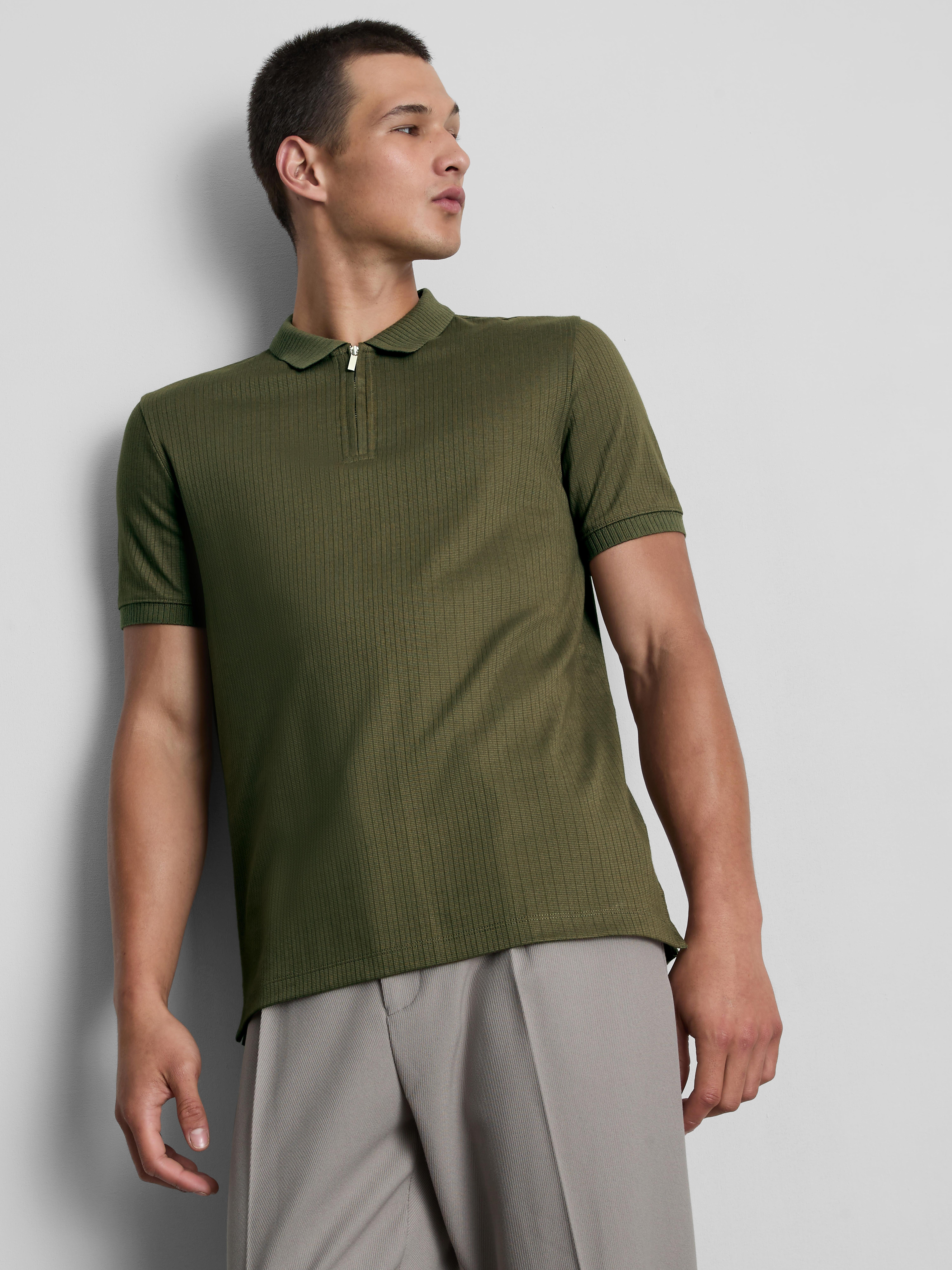 The Edit Ribbed Zip Neck Polo Shirt - Olive