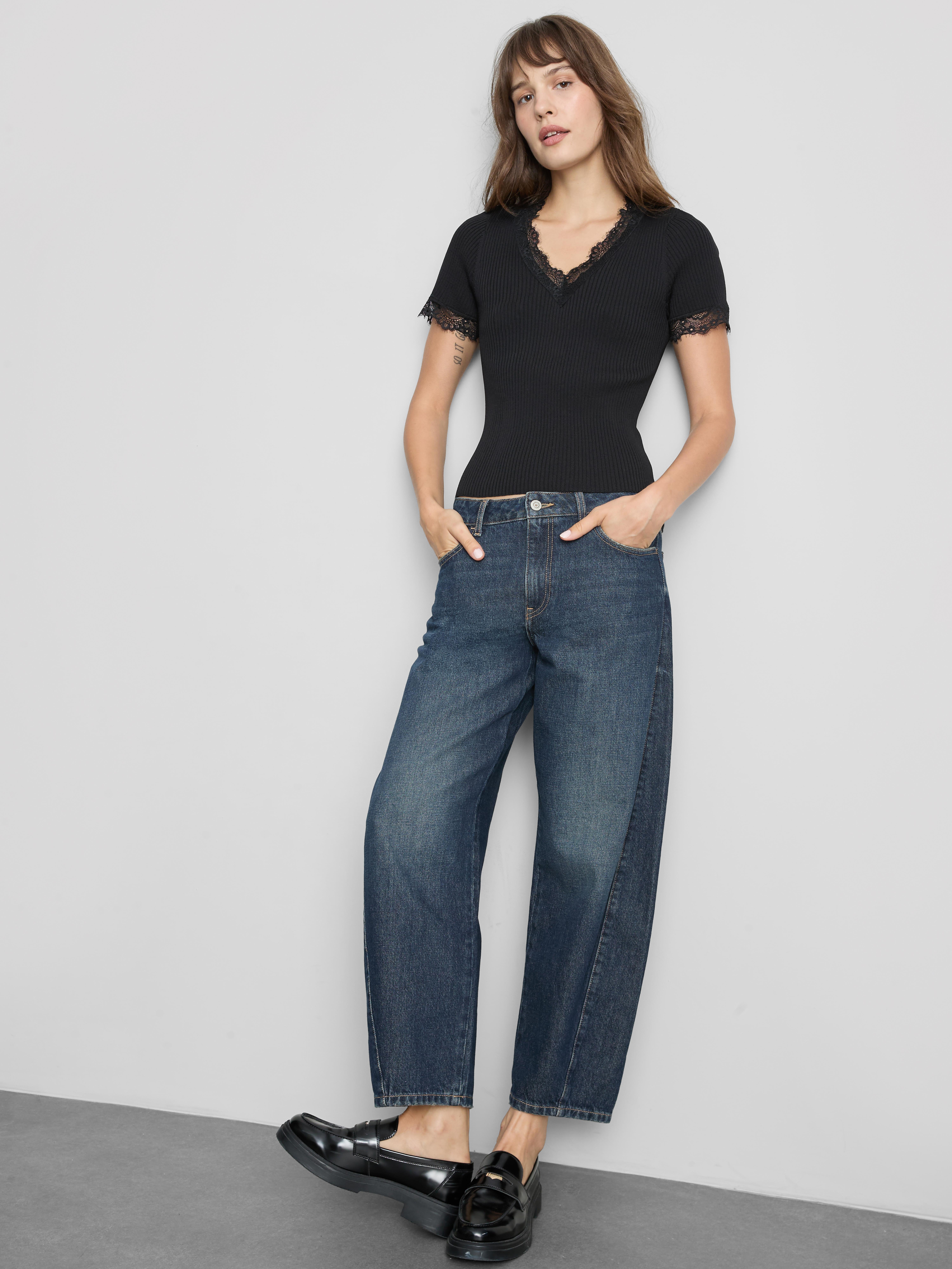 Ribbed Lace-Trim Tee - Black