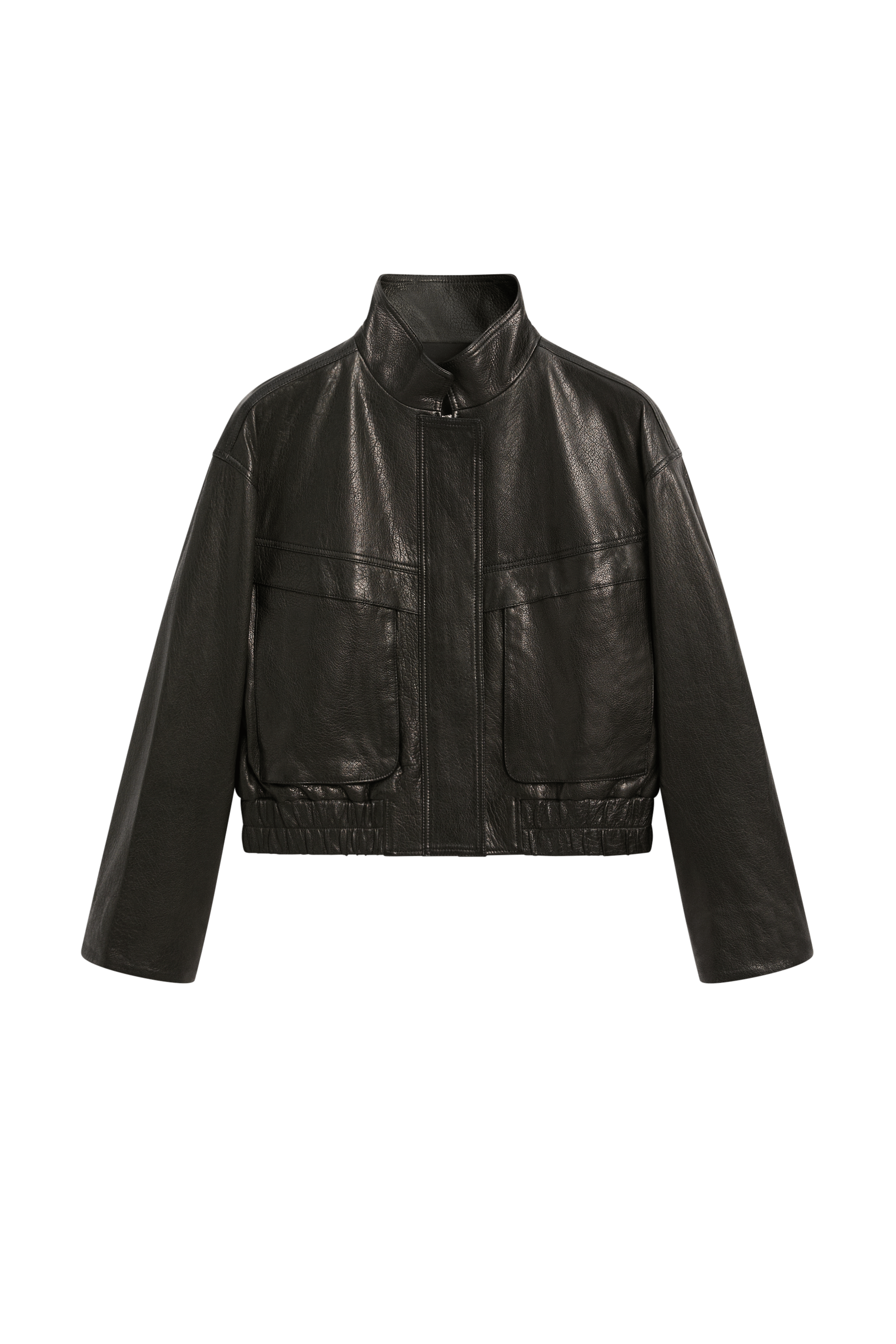 Cropped stand-collar nappa leather jacket - BLACK