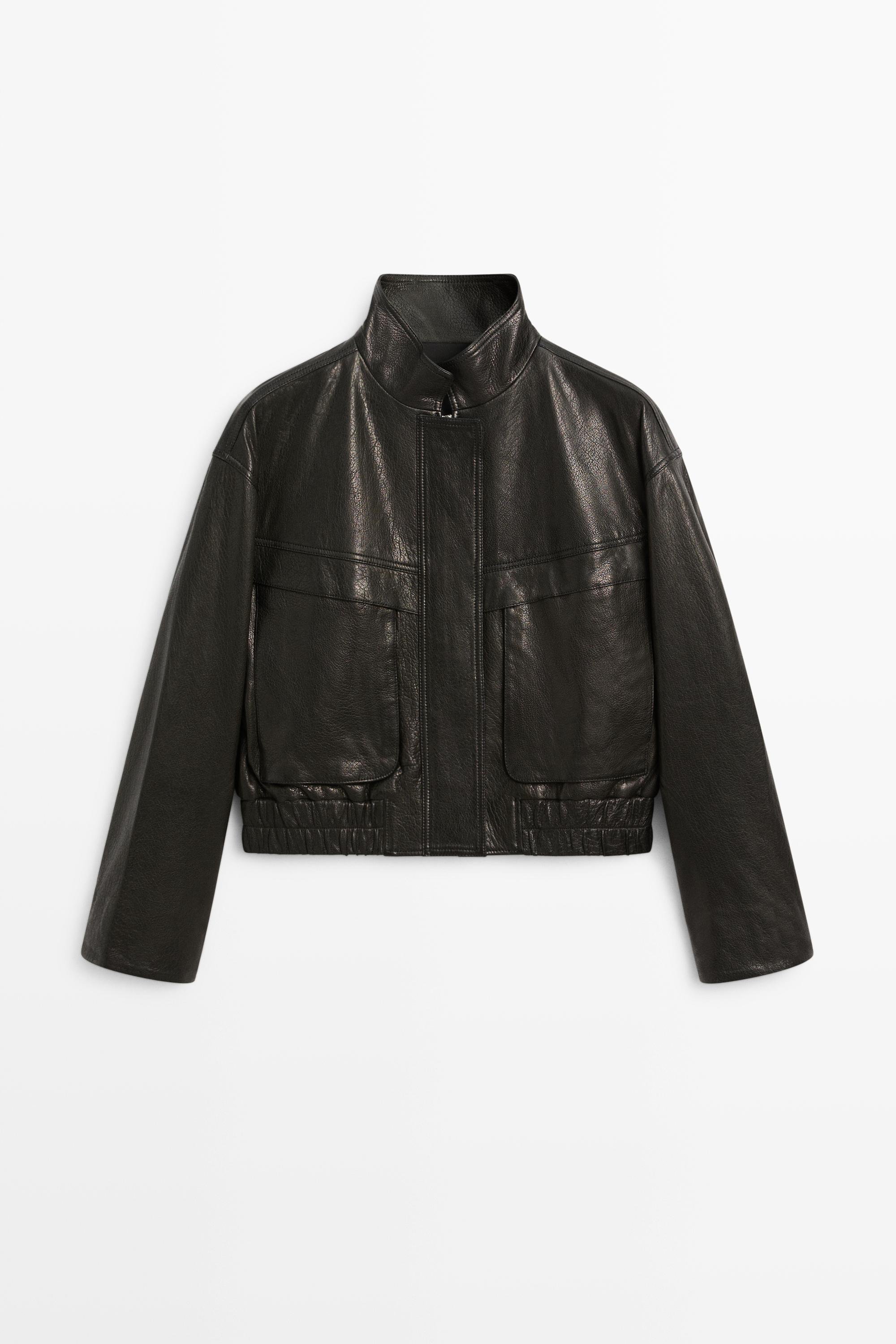 Cropped stand-collar nappa leather jacket - BLACK