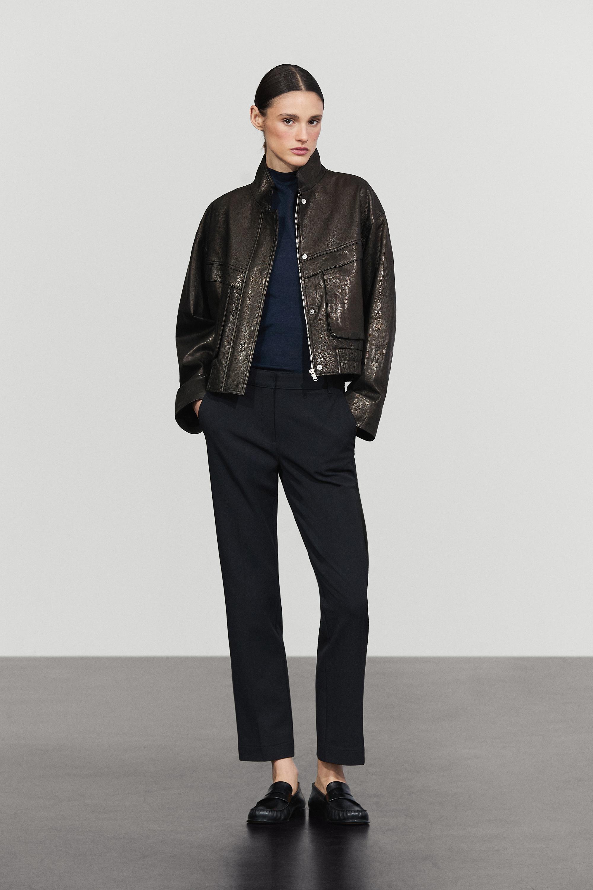 Cropped stand-collar nappa leather jacket - BLACK