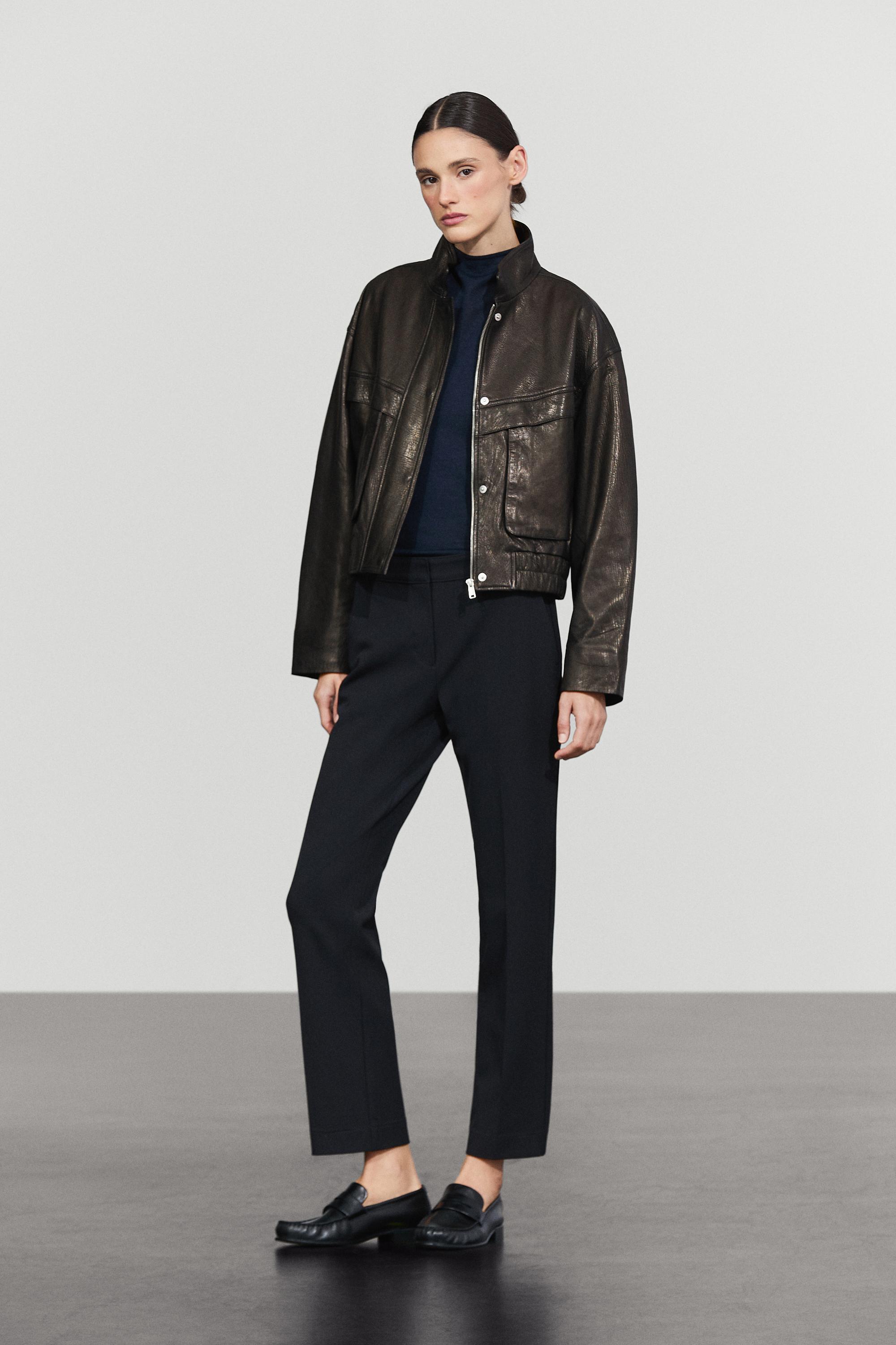 Cropped stand-collar nappa leather jacket - BLACK