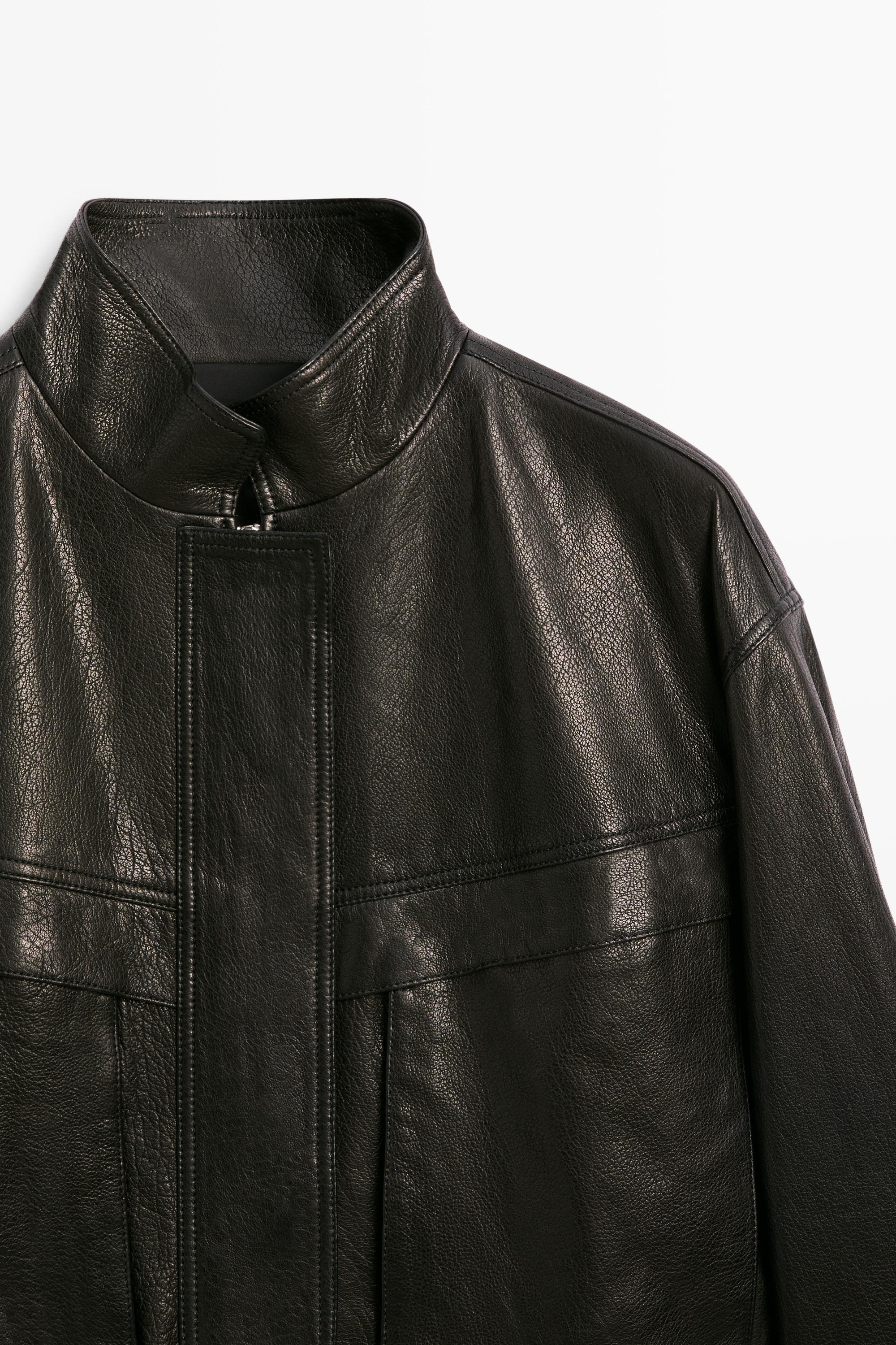 Cropped stand-collar nappa leather jacket - BLACK
