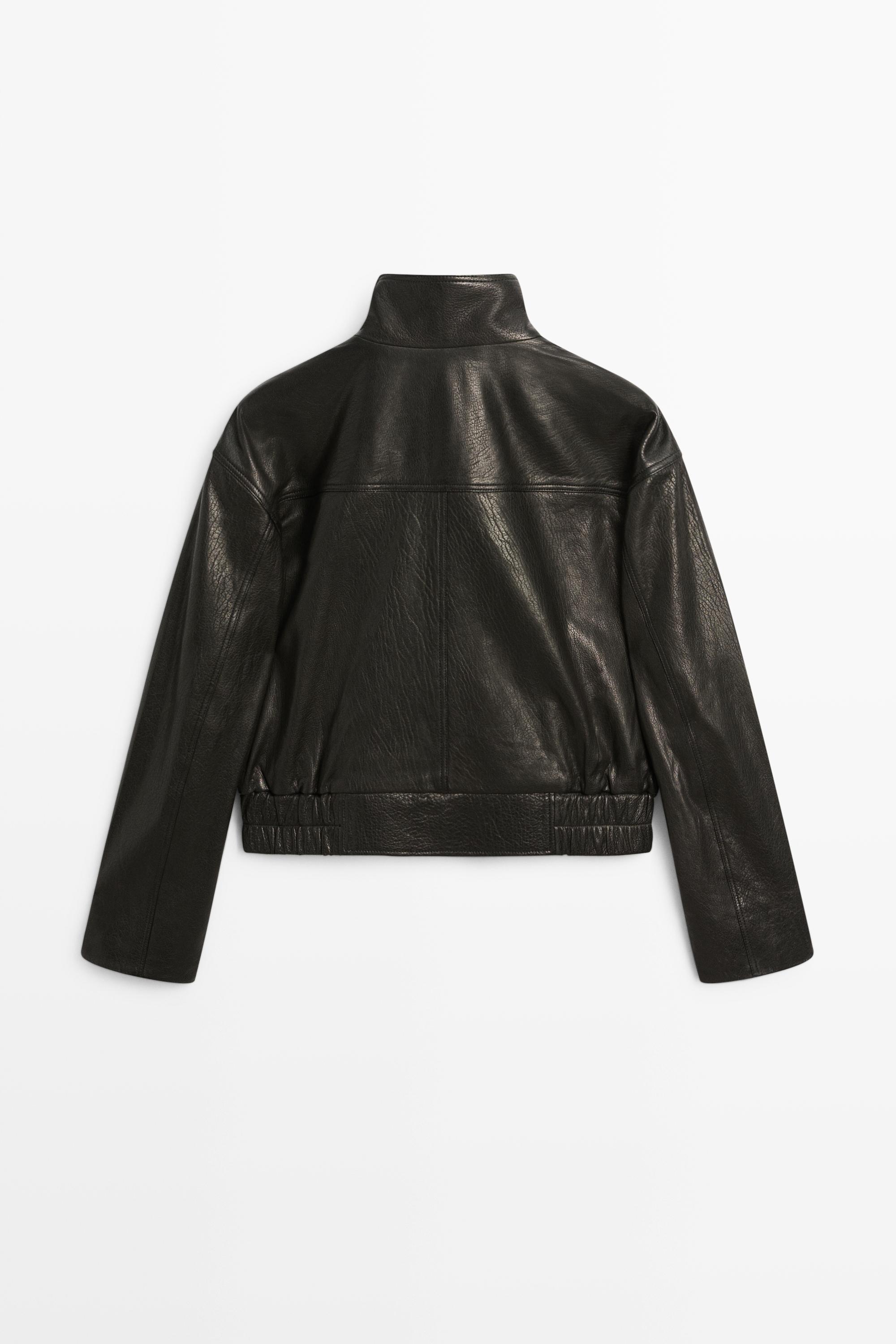 Cropped stand-collar nappa leather jacket - BLACK