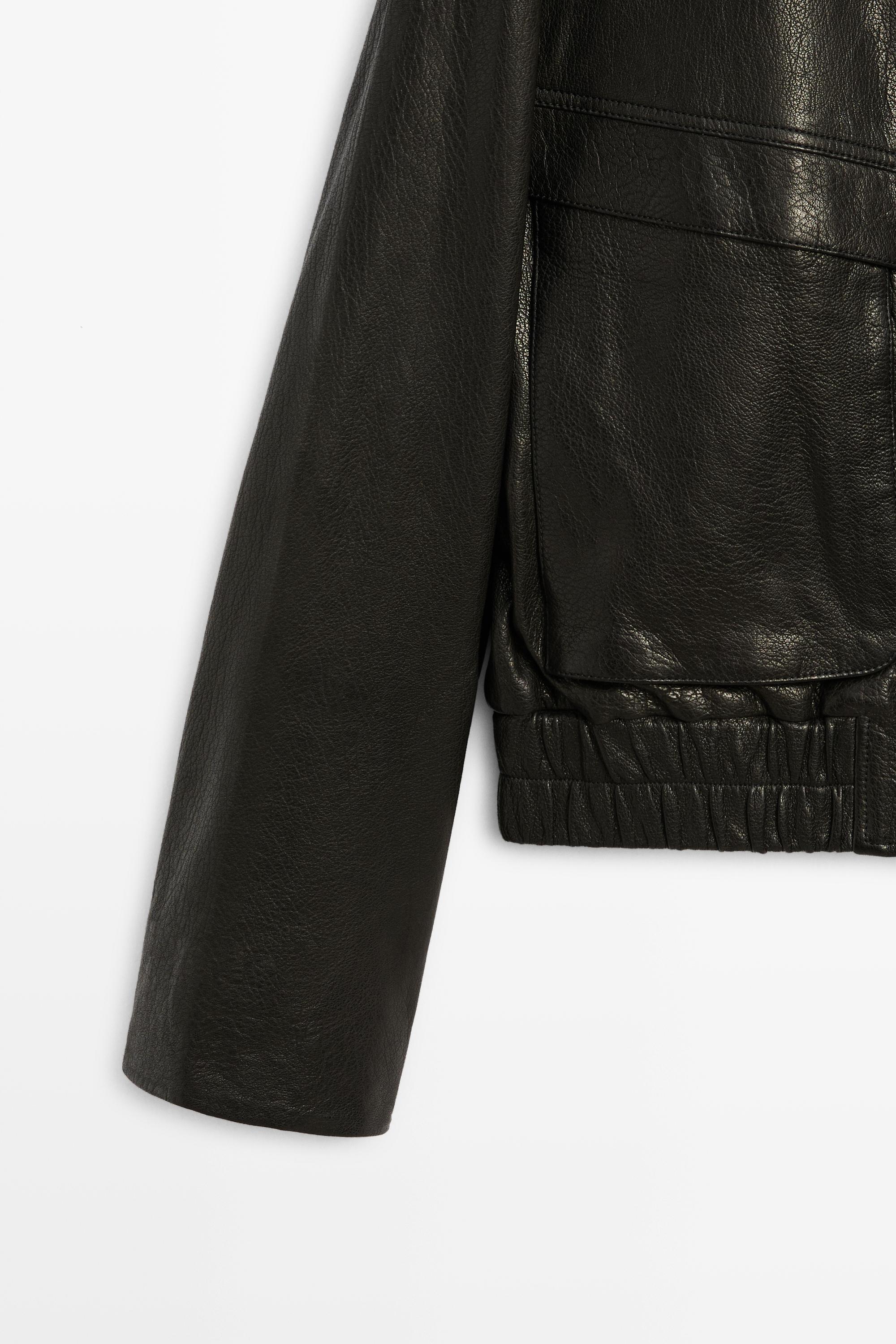 Cropped stand-collar nappa leather jacket - BLACK