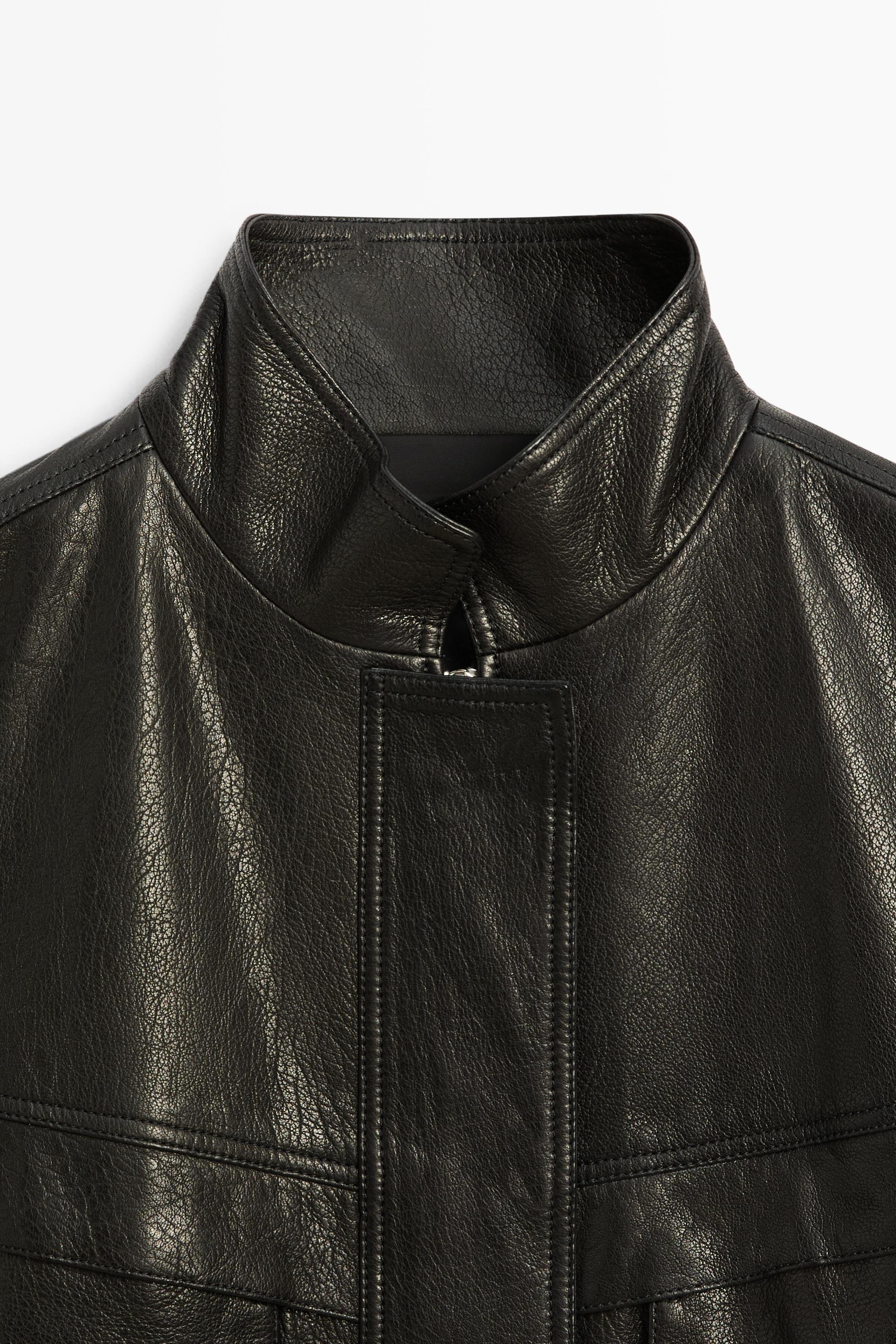 Cropped stand-collar nappa leather jacket - BLACK