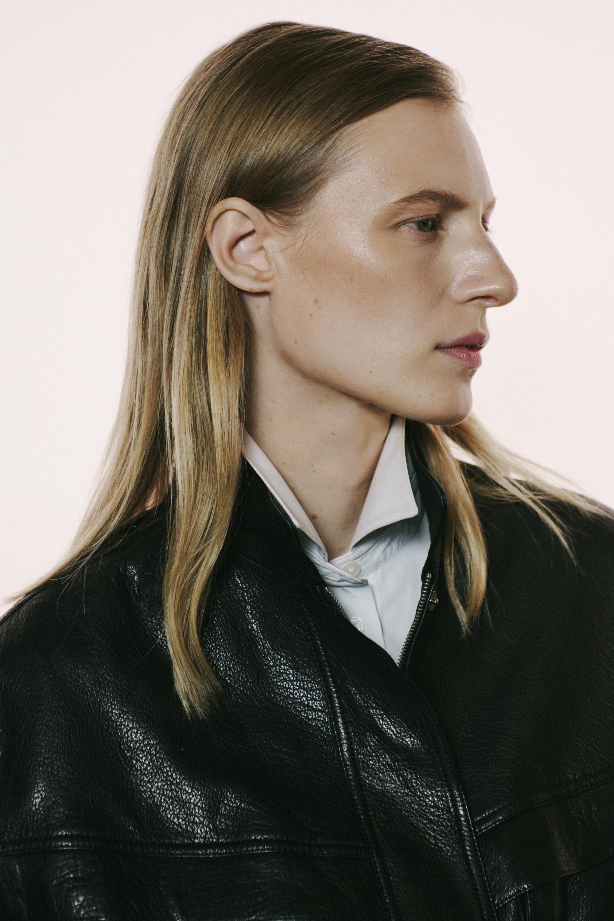 Cropped stand-collar nappa leather jacket - BLACK