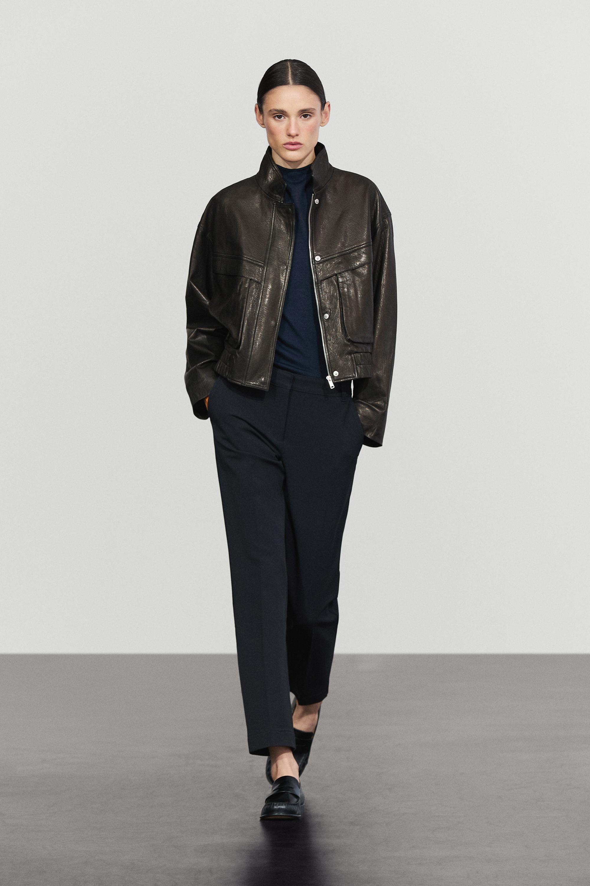 Cropped stand-collar nappa leather jacket - BLACK