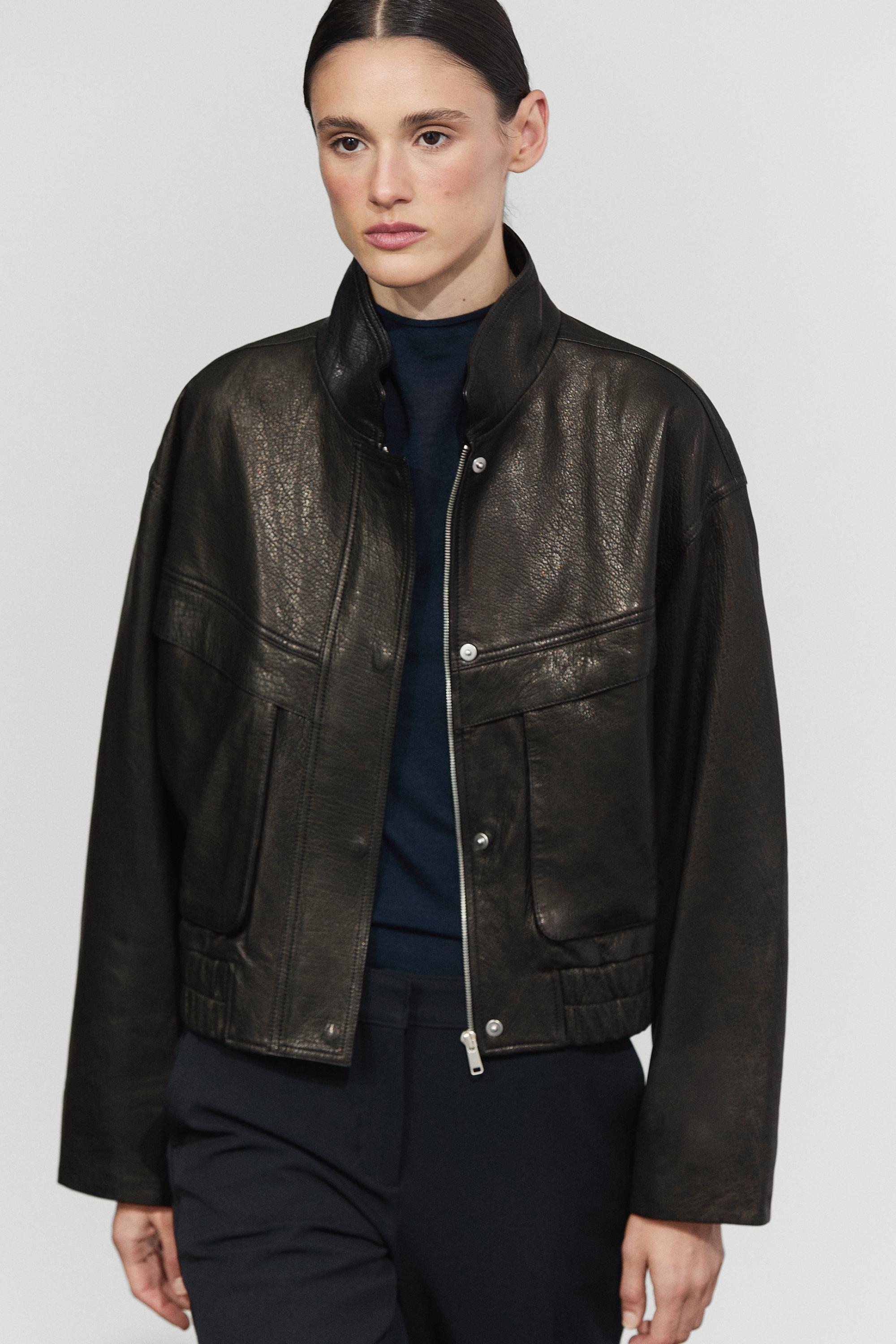 Cropped stand-collar nappa leather jacket - BLACK