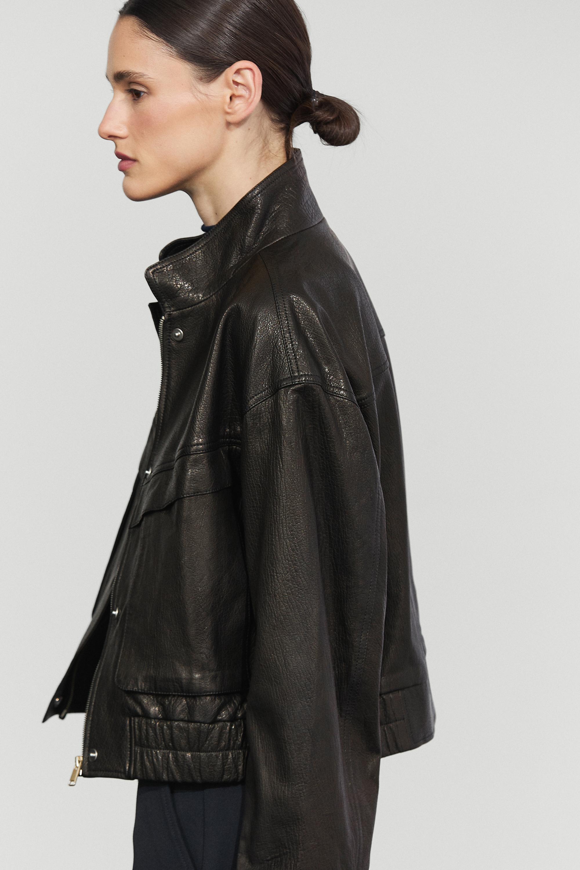 Cropped stand-collar nappa leather jacket - BLACK