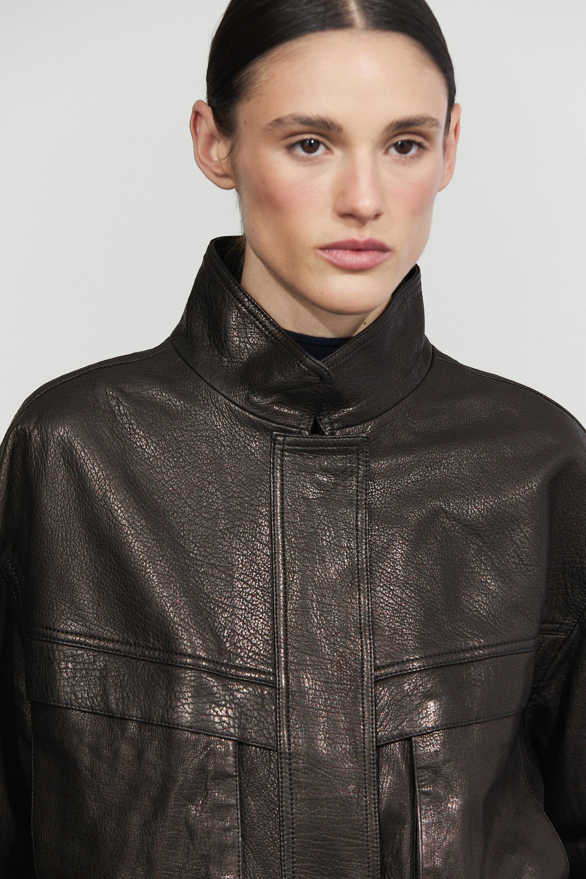 Cropped stand-collar nappa leather jacket - BLACK