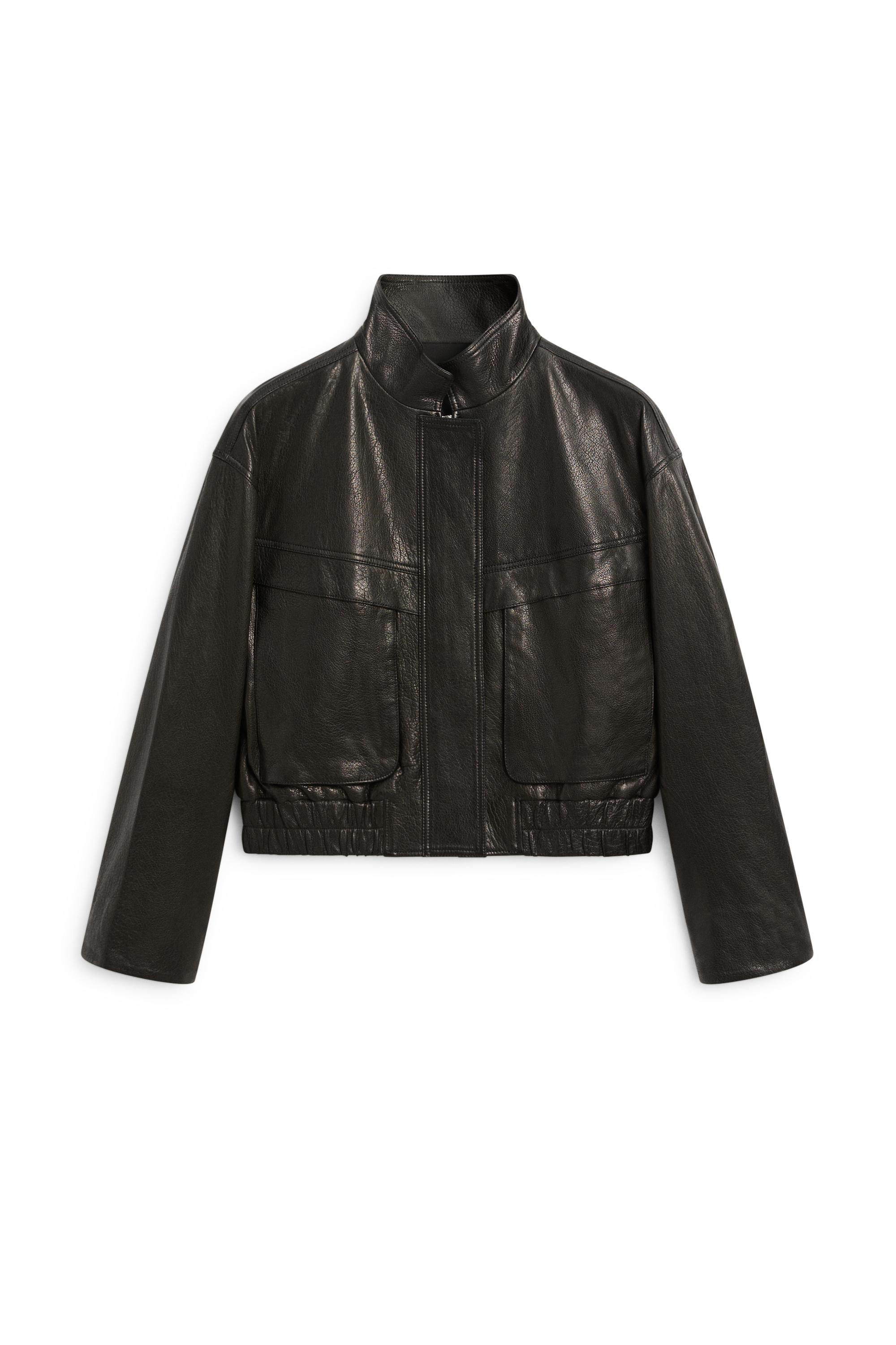 Cropped stand-collar nappa leather jacket - BLACK