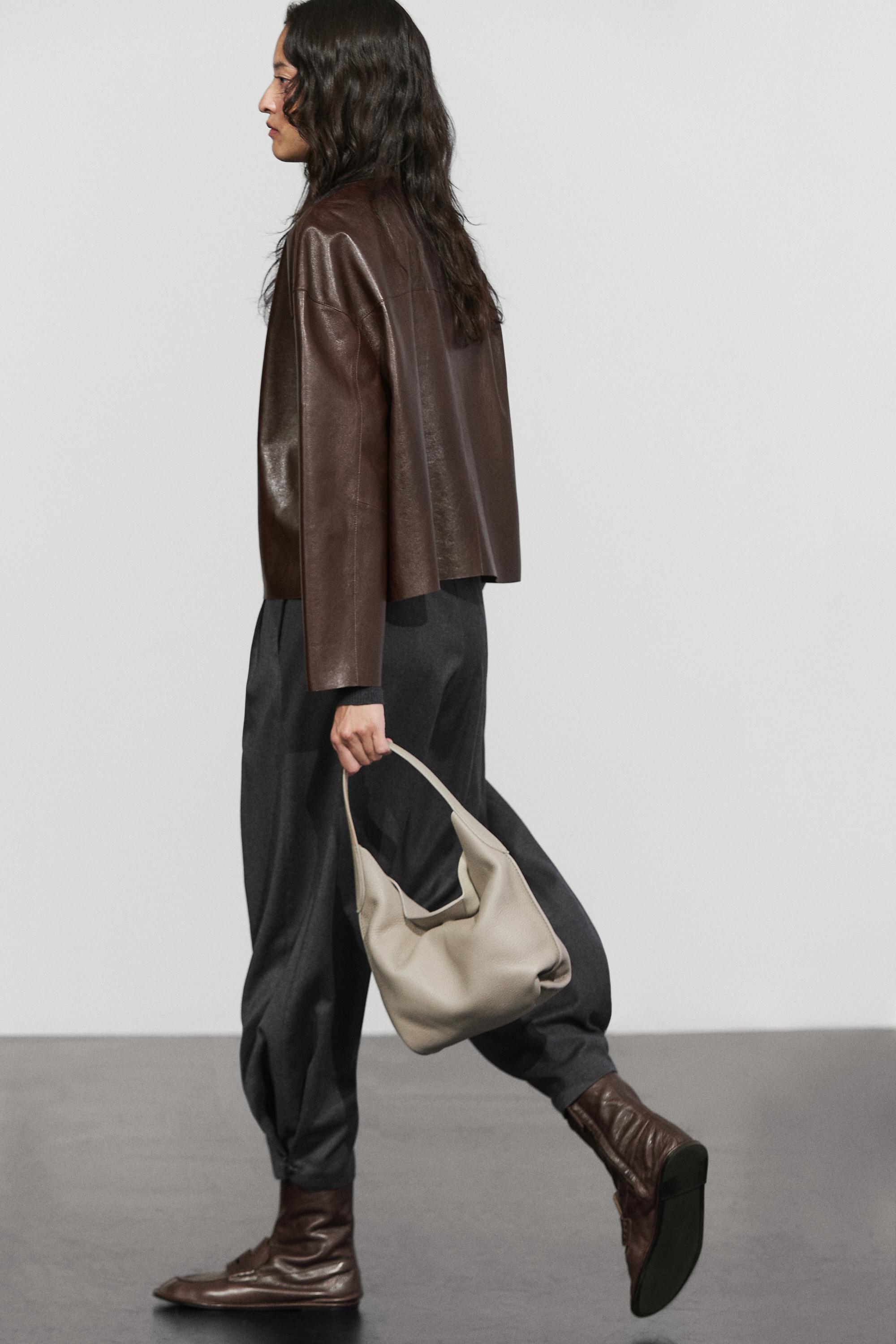 Nappa leather toggle jacket - BROWN