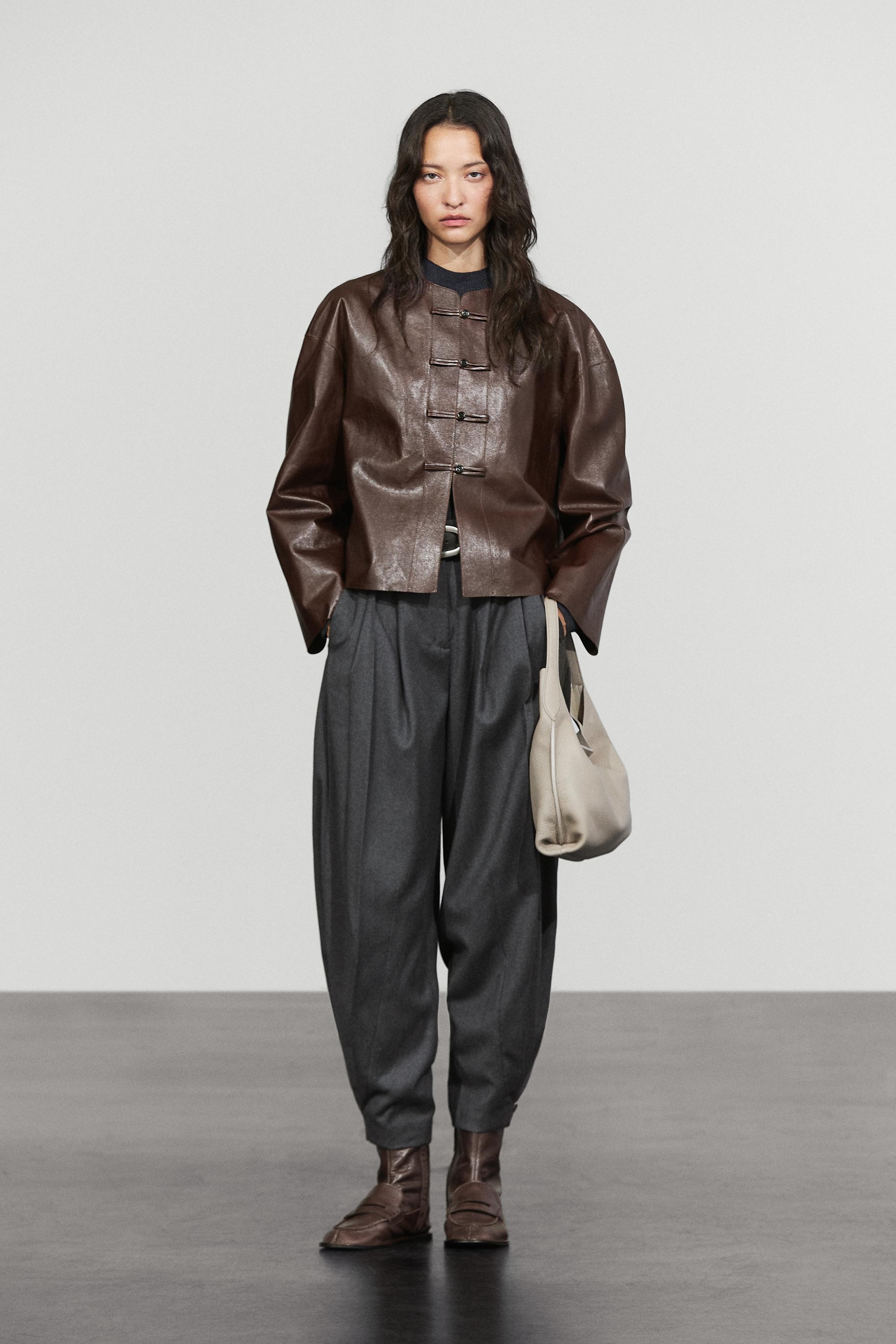 Nappa leather toggle jacket - BROWN