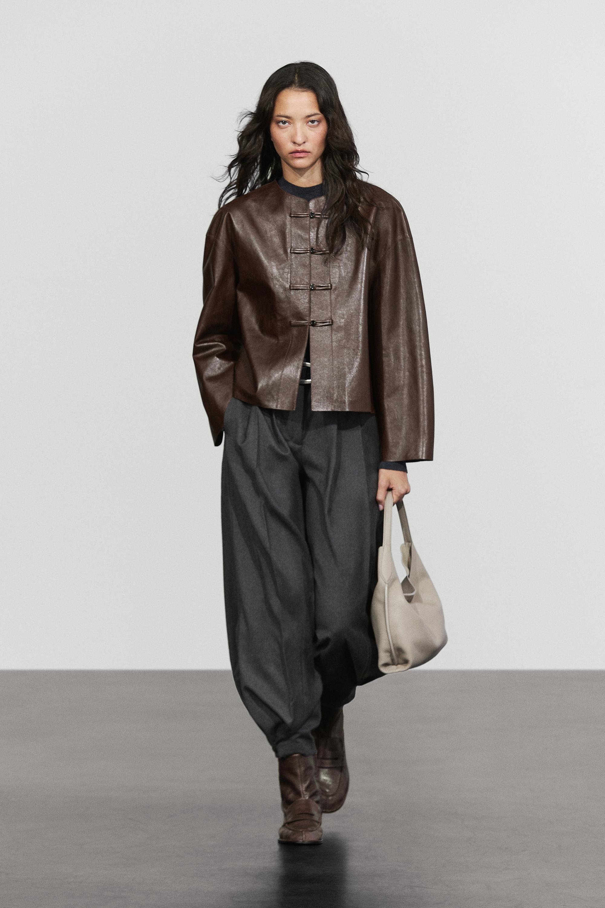 Nappa leather toggle jacket - BROWN
