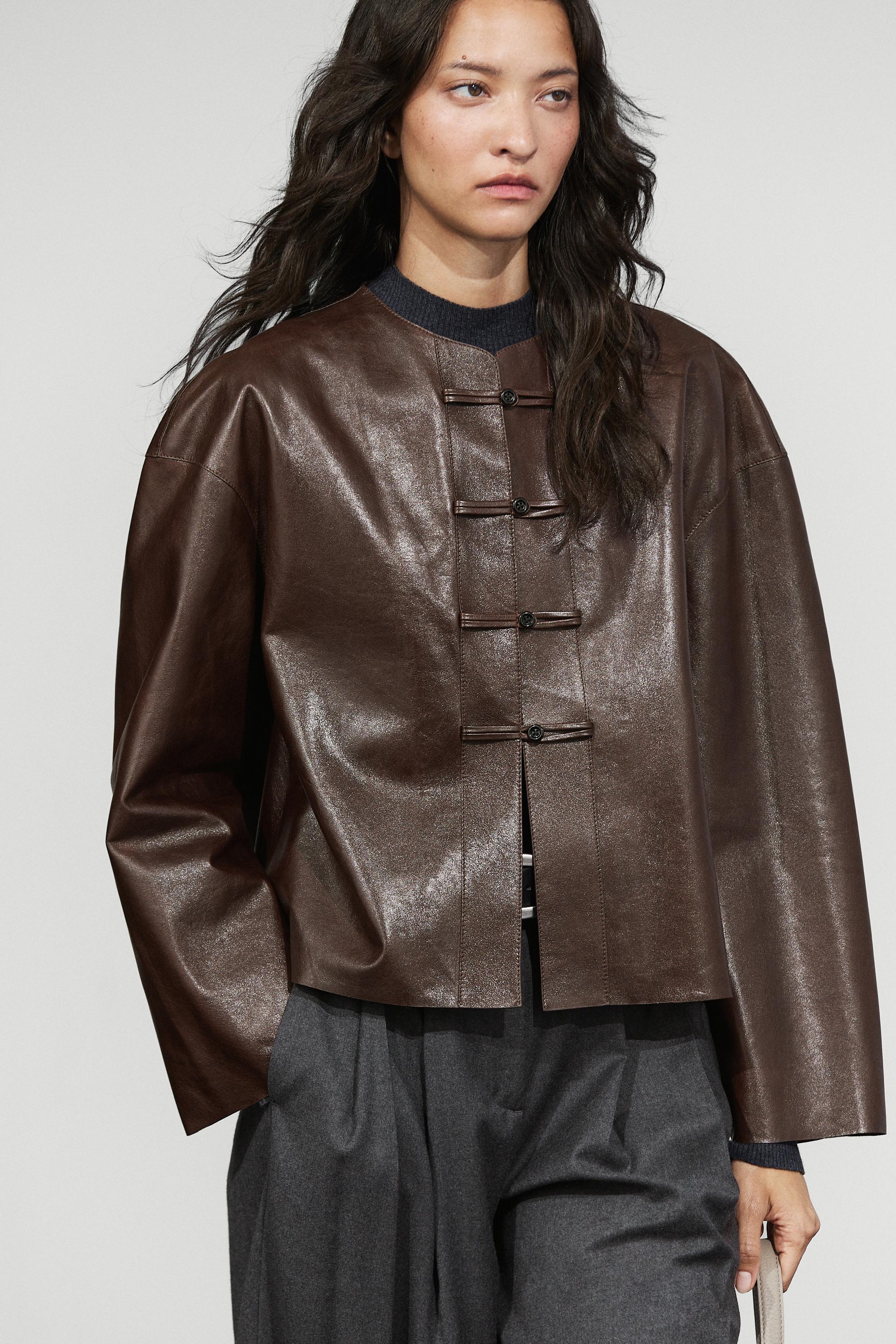 Nappa leather toggle jacket - BROWN