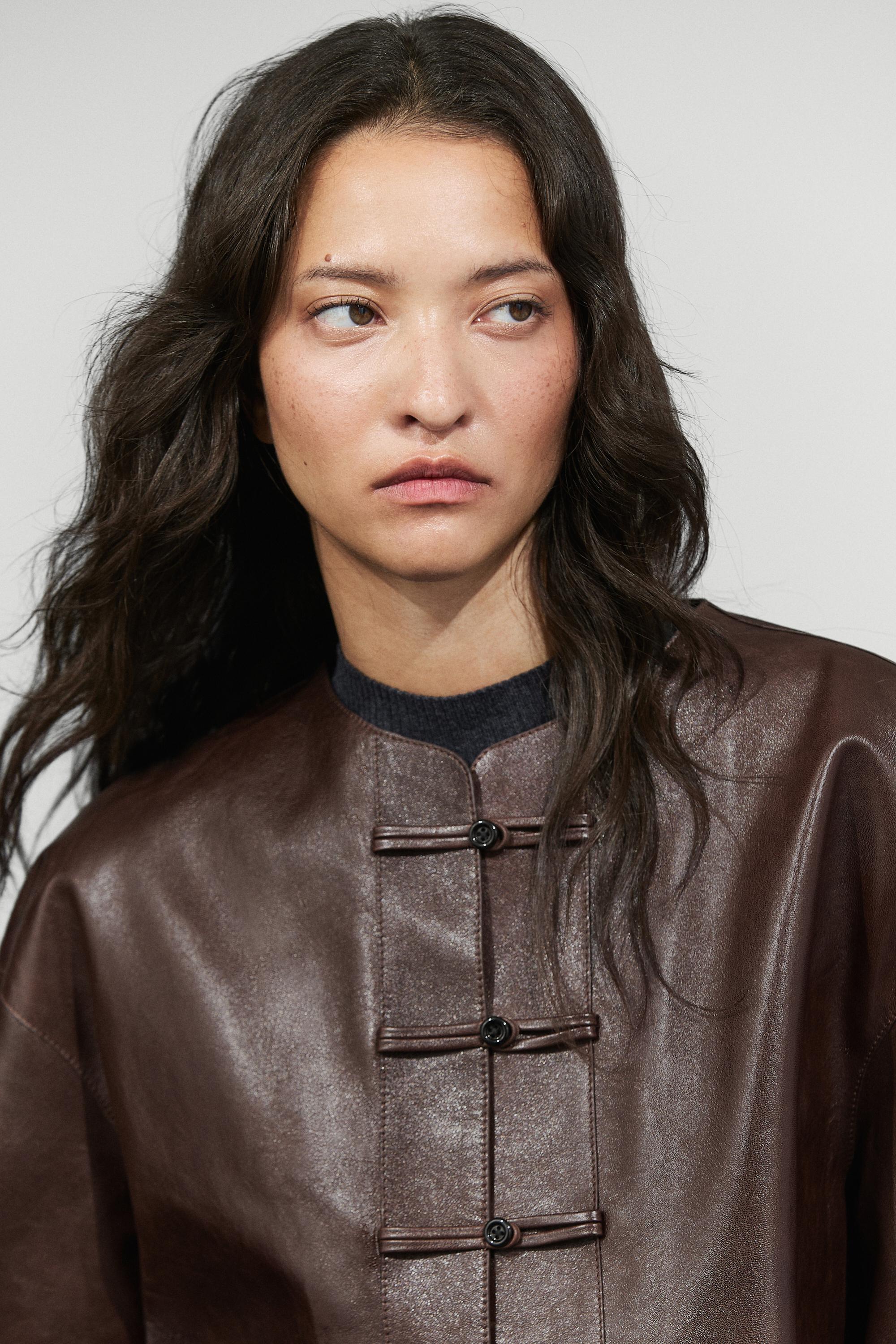 Nappa leather toggle jacket - BROWN
